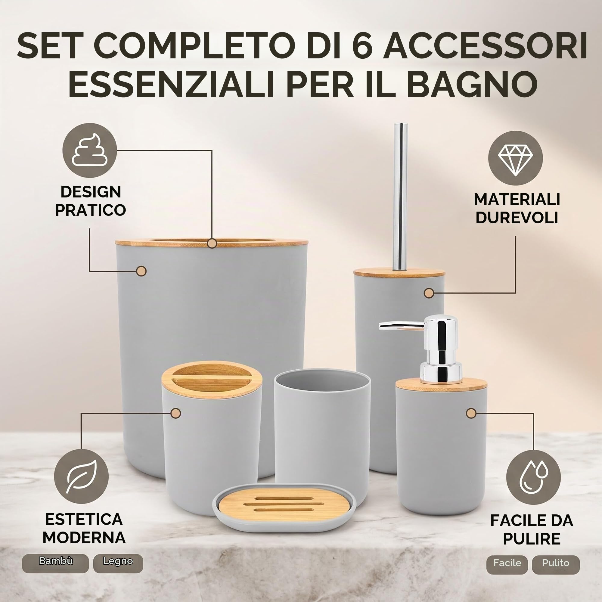 Set di 6 Accessori da Bagno, Dispenser di Sapone, Portasapone, Portaspazzolino, Tazza di Risciacquo, Porta Scopino per WC, Pattumiera, Set da Bagno Completo da 6 Pezzi, in PP e bambù (Grigio)
