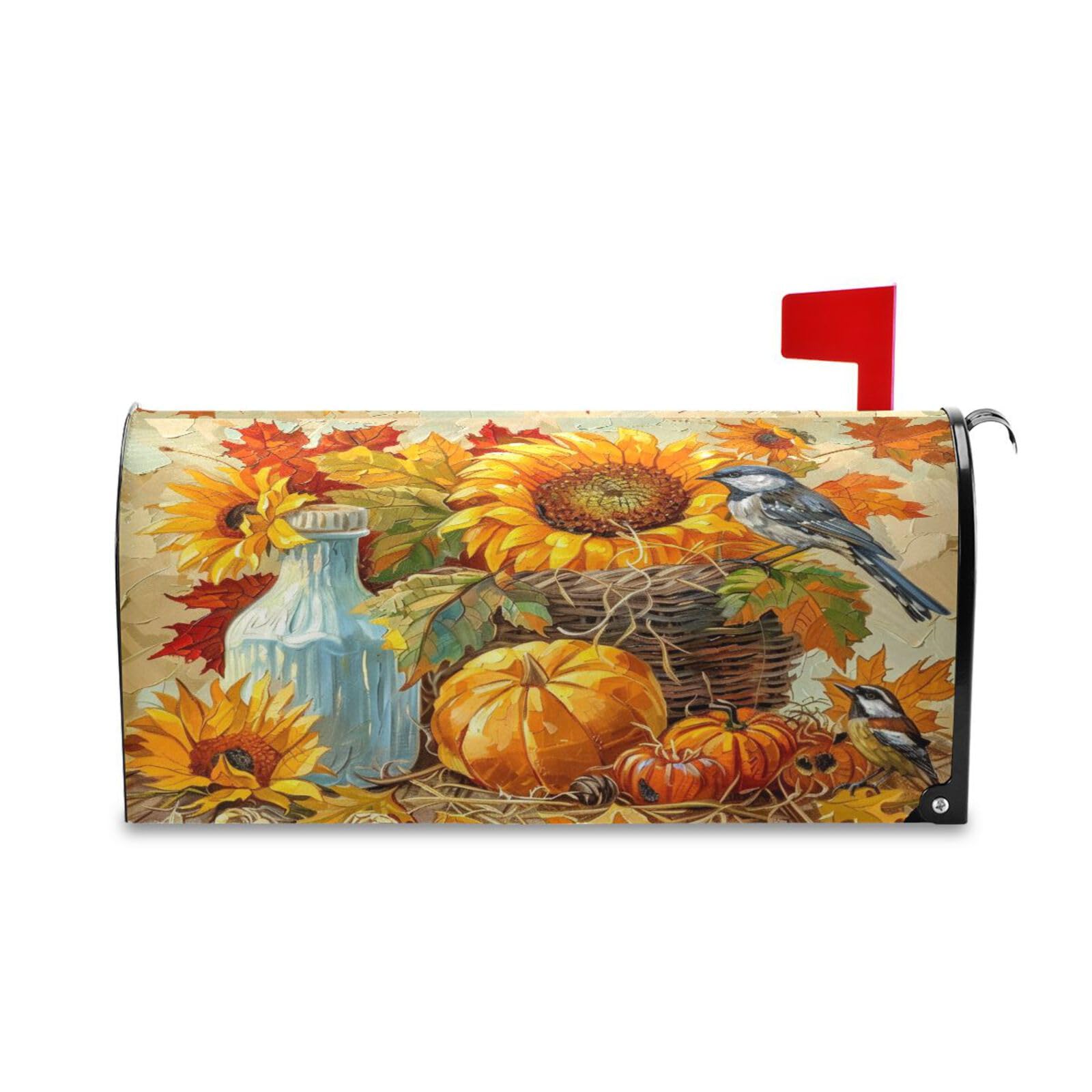 Thanksgiving Harvest Sunflower Pumpkin Mailbox Cover Magnetic Standard Size Autumn Leaf Mailbox Covers Letter Post Box Cover Wrap Decoration Welcome Home Garden Outdoor 21