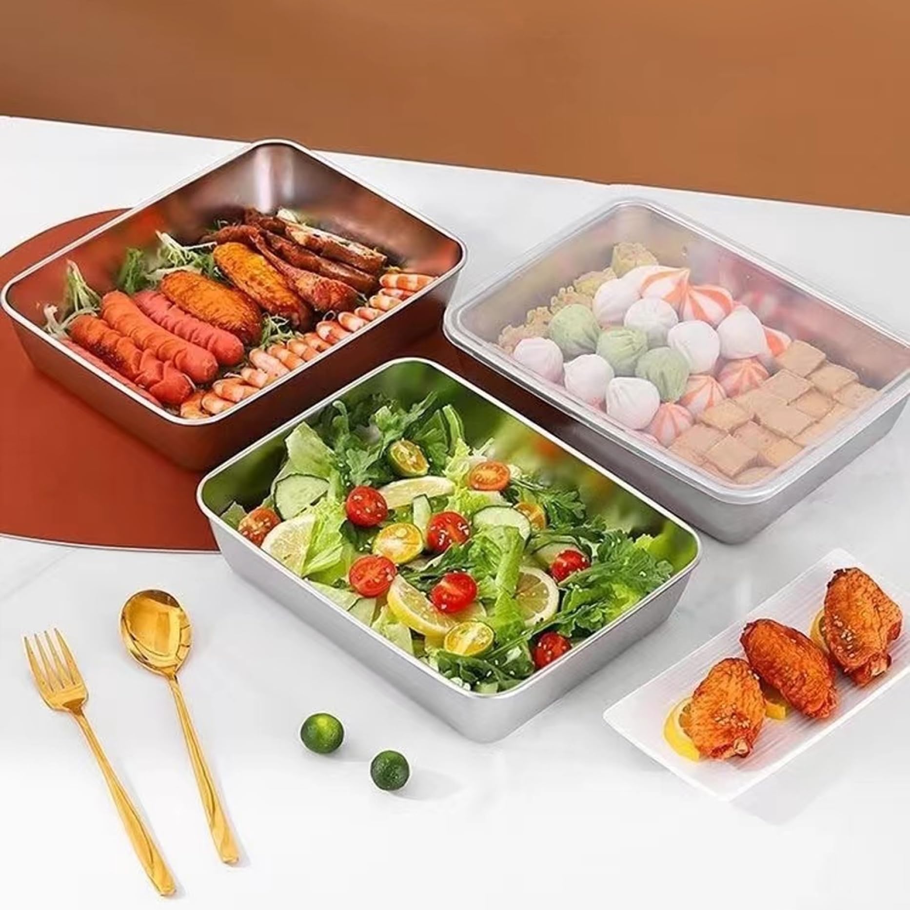 4pcs Edelstahl -Lebensmittelbehälter, stapelbare Lebensmittelablagerungsbox mit Plastikdeckel, Fleischküste für Kühlschrank oder Picknick, Grillparty, Büro Mittagessen