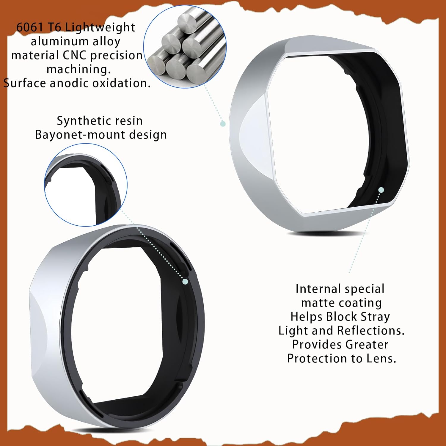 Haoge Silver Metal Square Lens Hood for Fujifilm XF33mm F1.4 R LM WR Lens, Fuji XF23mmF1.4 R LM W,Fujinon XF 16-50mm F2.8-4.8 R LM WR Lens, Bayonet Hood Shade,with Metal Cap Kit,