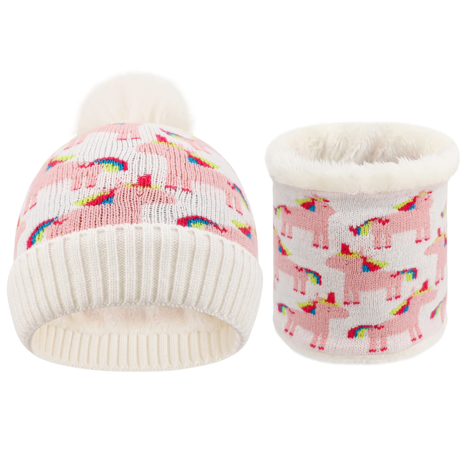 QKURT Conjunto de Gorro para Niños Snood, Conjunto de Calentador de Cuello de Gorro de Punto para Niños de Unicornio Conjuntos de Accesorios de Invierno para niños pequeños de 2 a 6 años