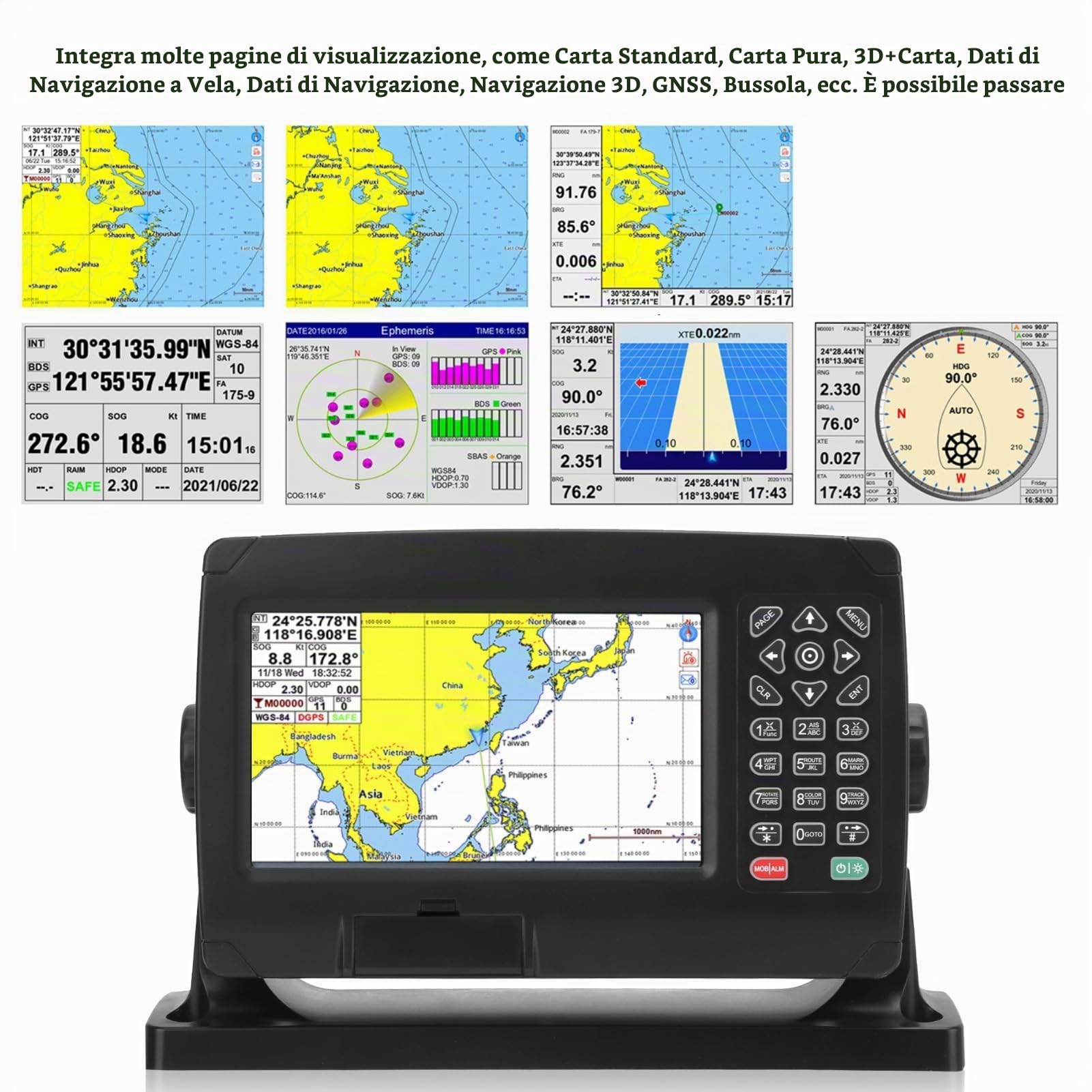 Plotter Cartografico GPS Navigatore GPS Marino Plotter di Navigazione per Barche 7 Pollici TFT LCD a Colori GNSS Posizionamento a Doppia modalità a Doppia Mappa IPX6 con