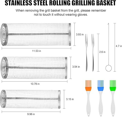 Miniatura 2 de Cesta rodante para parrilla, 3 cestas de parrilla, cesta de parrilla para barbacoa, cestas de parrilla para parrilla al aire libre, malla de