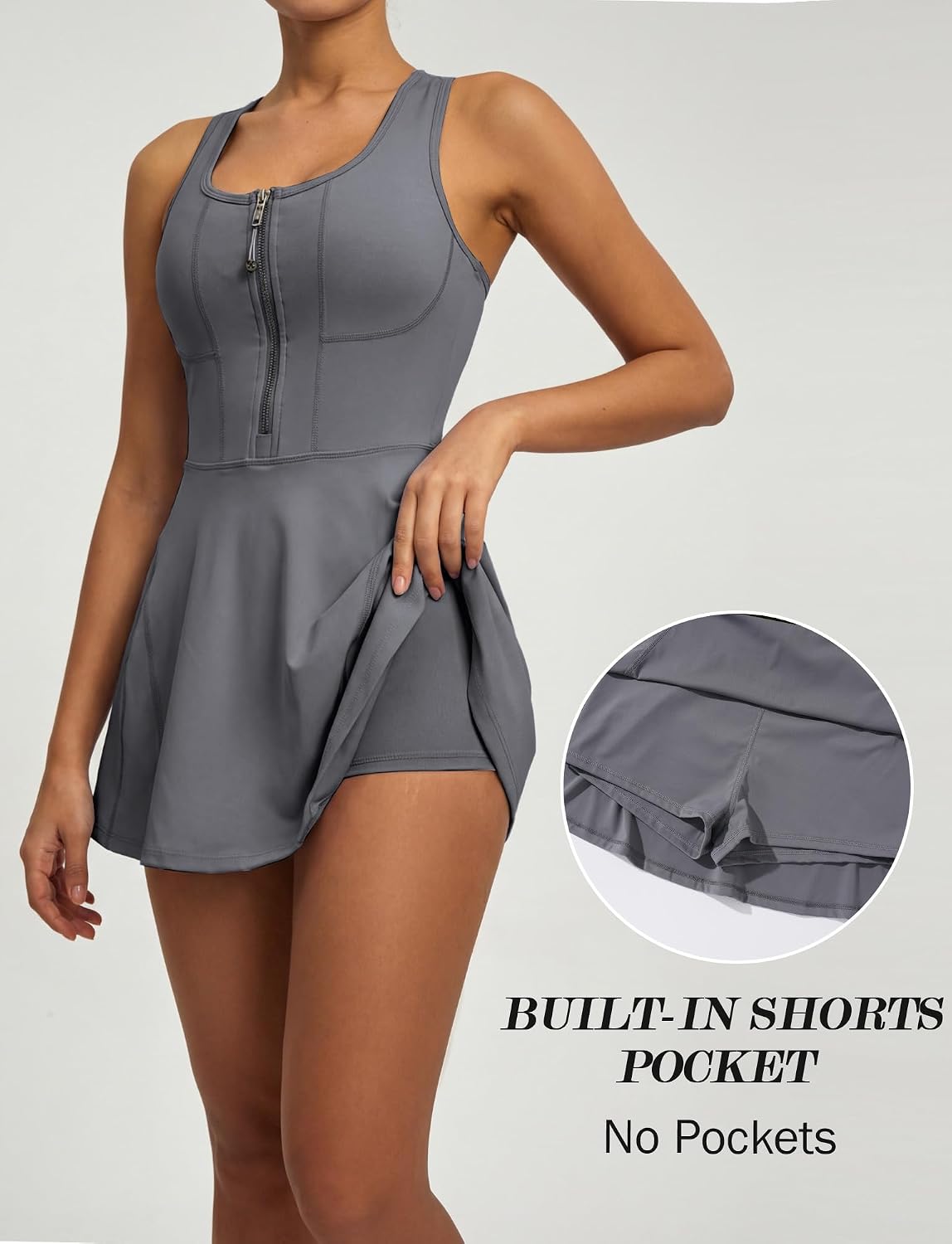 FEOYA Women's Tennis Dress Zip Front Sleeveless U Neck Racer Back Golf Athletic Workout Dress Built-in Padding & Shorts
