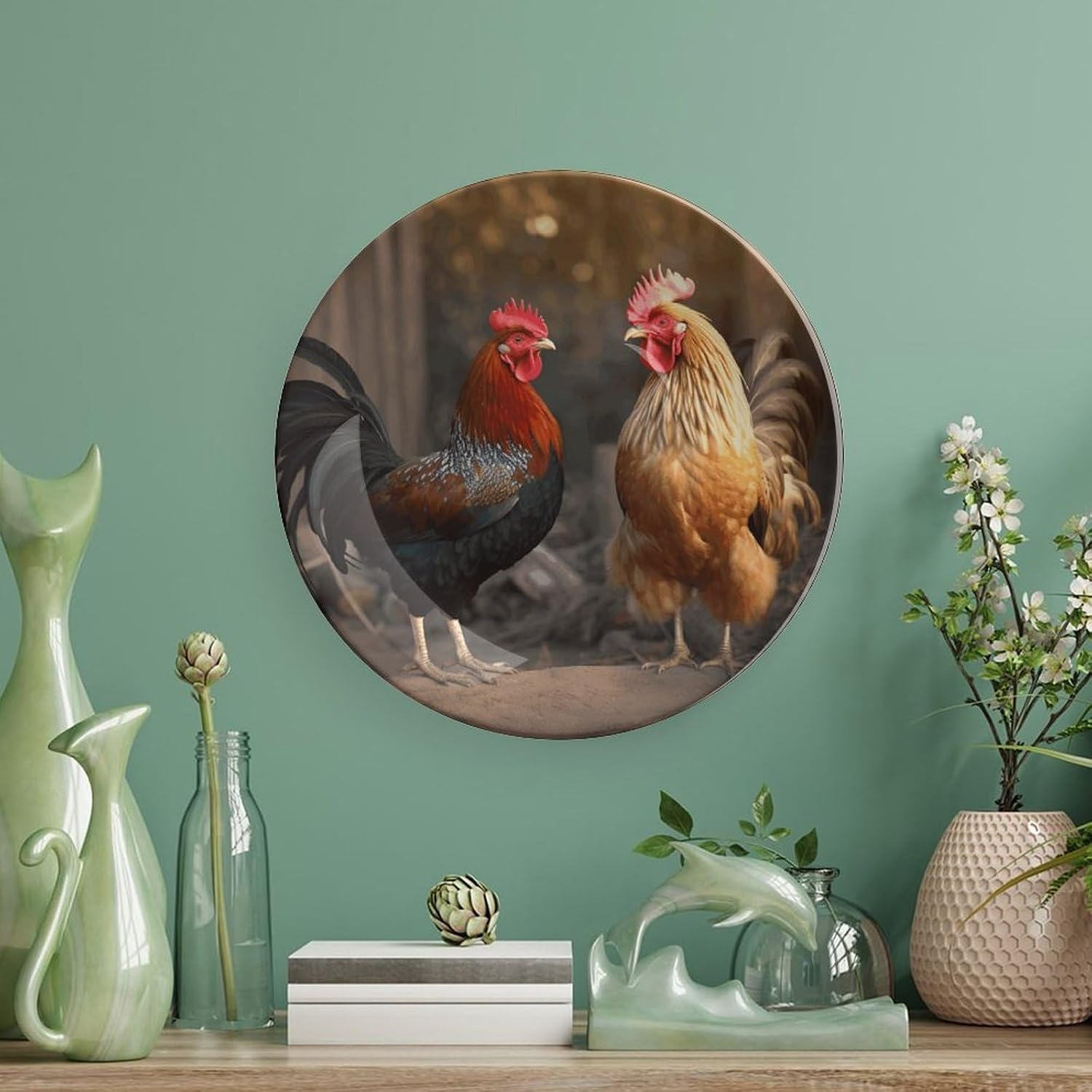 Rooster And Chicken Bone China Decorative Plate 6/7/8/10 Inch Ornate Display Plate Vintage Decorative Dish Exquisite Art Plate for Wall Table Home Decor Unique Gift for Housewarming