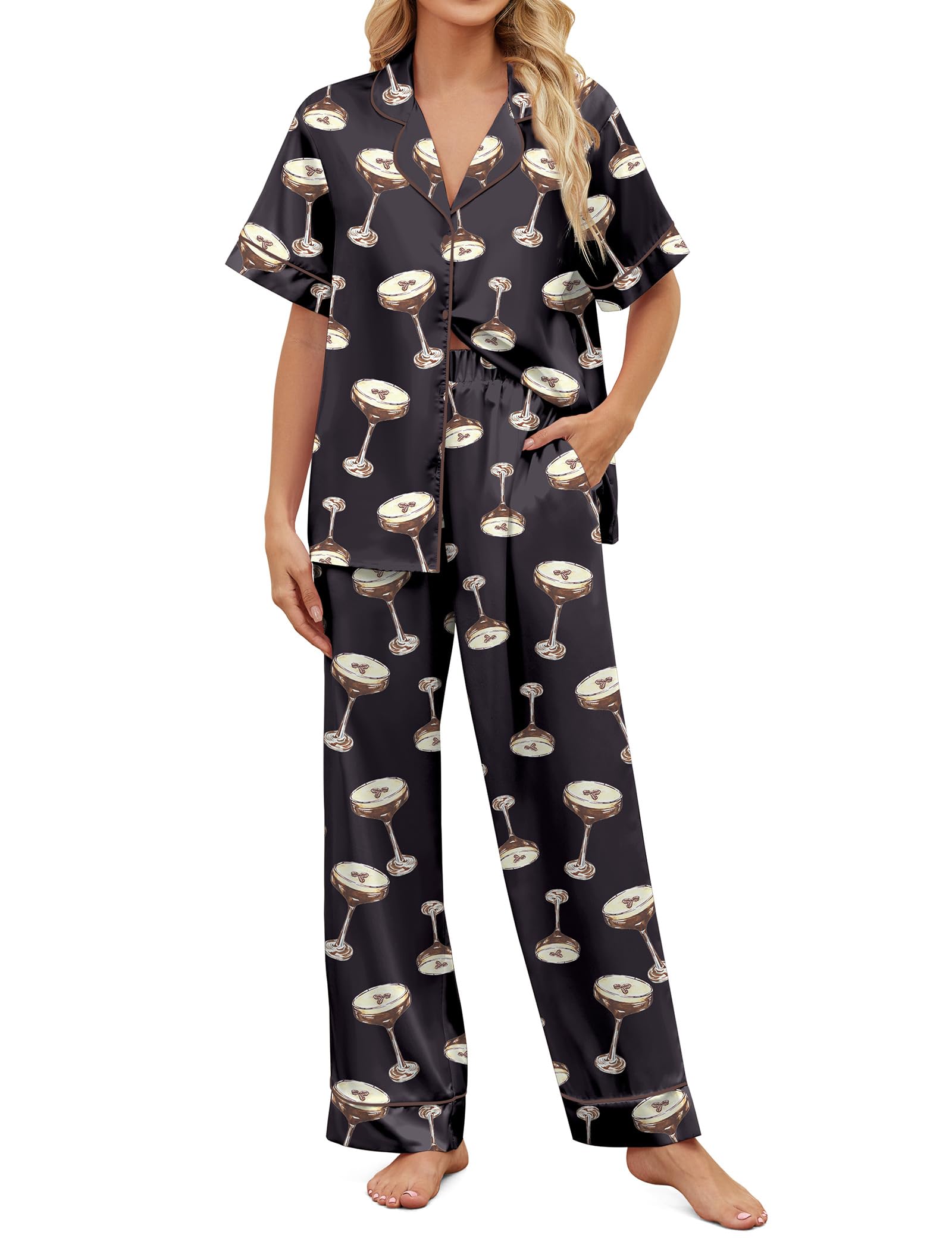 SHESHOW Pajama Sets for Women 2 Piece Pjs Short Sleeve Long Pajama Pants Martini Pajamas for Women Blalck M Black