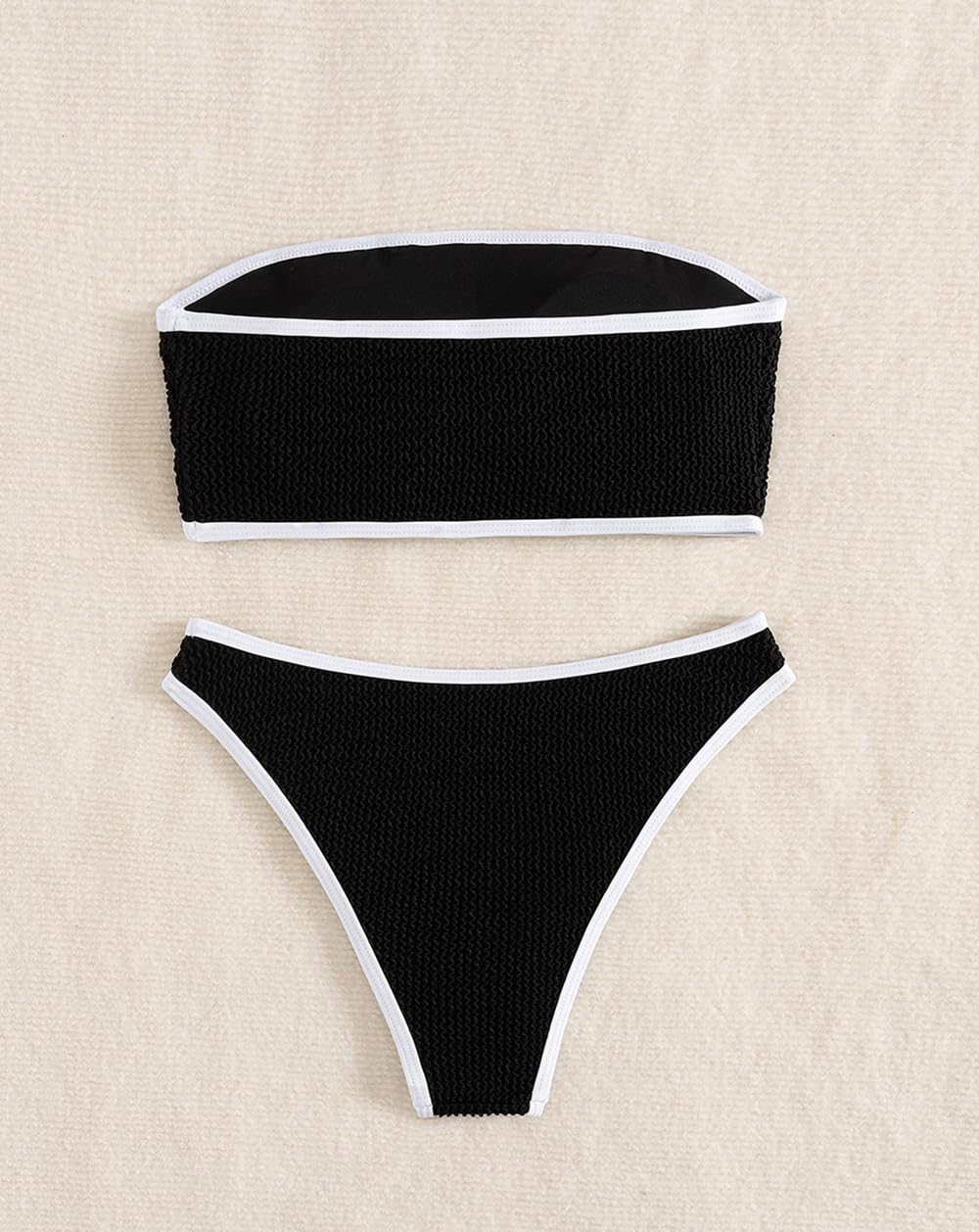 YIMISAN Costume da bagno da donna a due pezzi a fascia, a coste, senza spalline, top a tubo, vita media, Bianco e nero., M