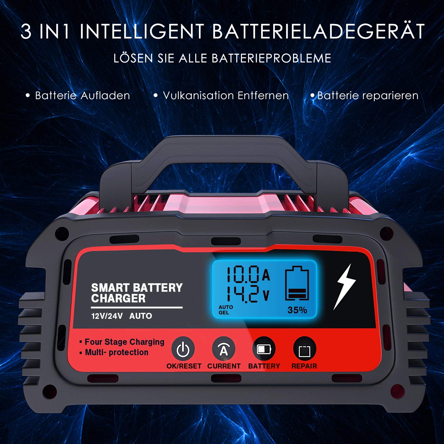 25A Batterieladegerät 12V 24V | Vollautomatisches KFZ Ladegerät mit LCD Display | 5A 10A 25A Einstellbar | Intelligentes Erhaltungsladegerät für Auto LKW Wohnmobil Boot