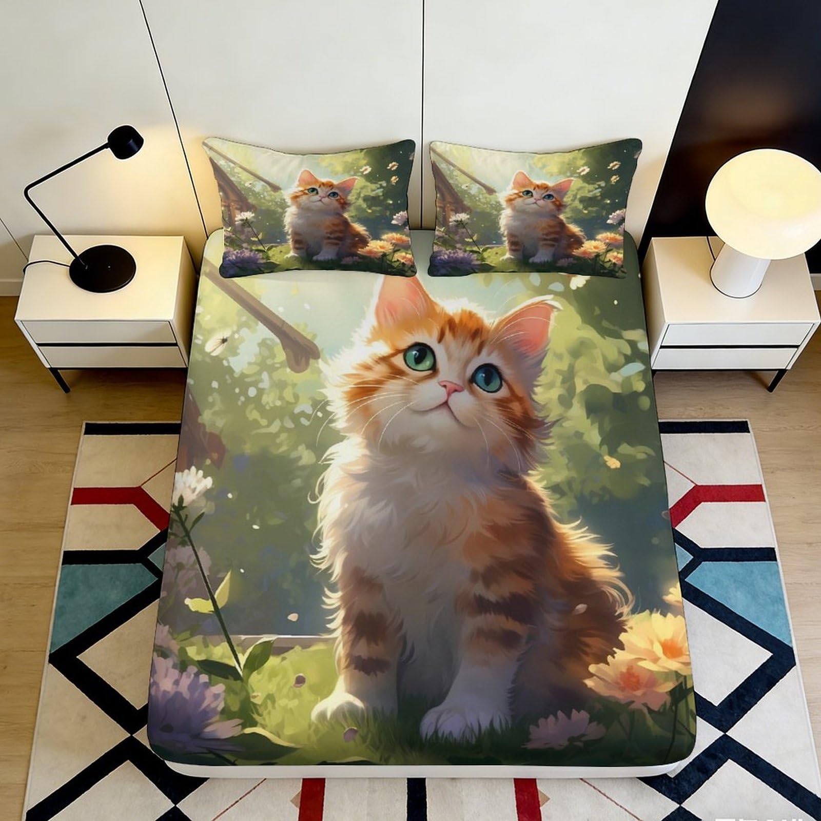 Jqzkxnhpbr Style-4 3D Printed Orange Tabby Cat Fitted Sheet Microfiber Soft Breathable Cute Kitten Mattress Cover Bedroom Decor Washable 90X200x25cm