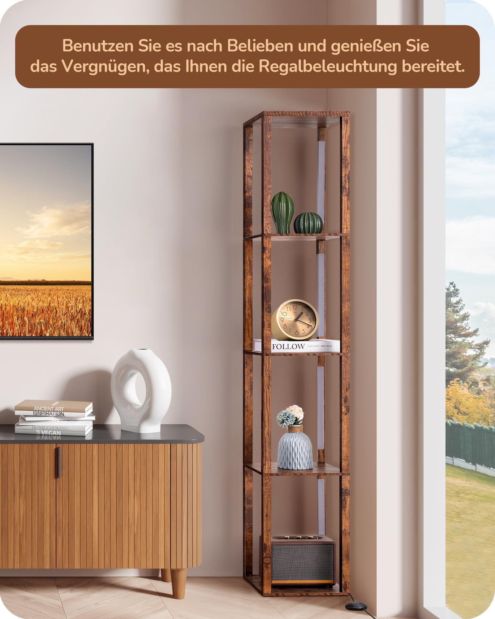EDISHINE Stehlampe mit Regal Dimmbar, 3 Farbtemperaturen, 20W 1530 Lumen 163 cm Eckregal mit 360° drehbare LED-Leuchten und Fußschalter, Moderne Innenbeleuchtung mit 4 Ablagen, Stehleuchte Wohnzimmer