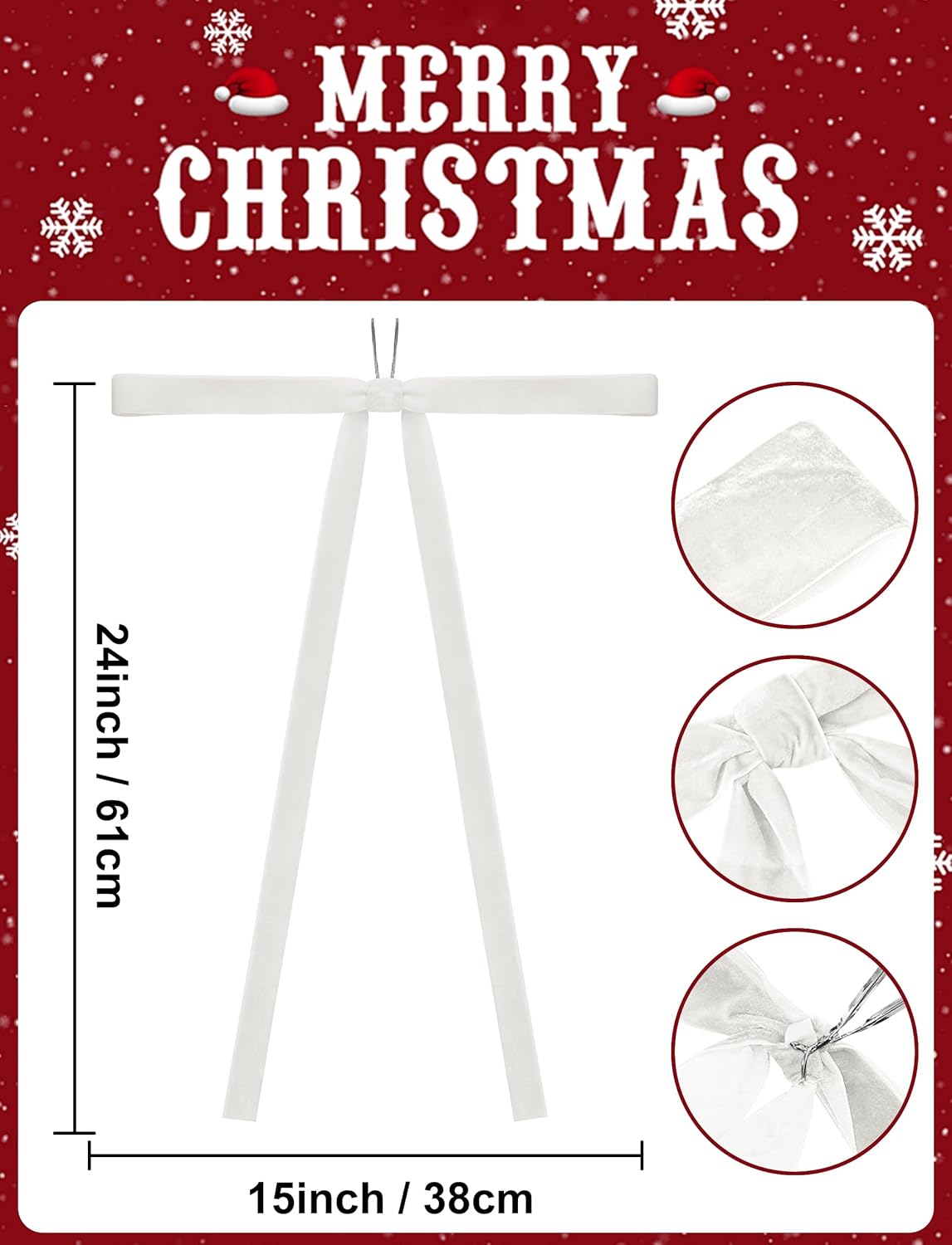 SIMISI RIBBON White Long Velvet Bows Ornaments for Christmas Tree, Wreath, Garland, Swag, Staircase, Fireplace, Door (15 * 24 inch, 6 Pieces)