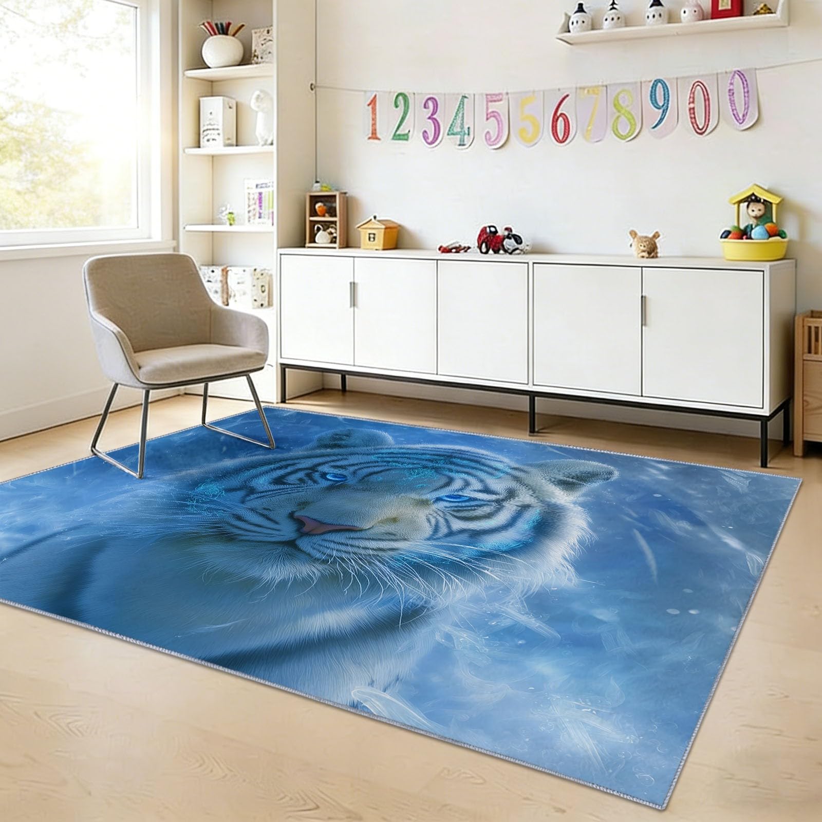 Alfombra lavable a máquina, 180 x 240 cm, diseño de tigre blanco, antideslizante, alfombra de suelo antideslizante, arte digital, pelo bajo, alfombra de área extra suave para sala de estar, dormitorio