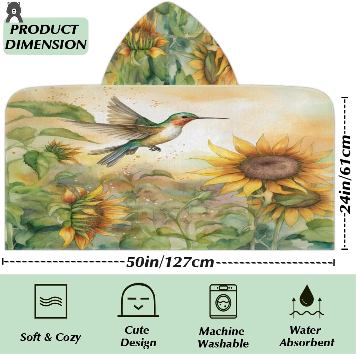 Pardick Kids Bath Towel Sunflower Hummingbird Beach Towel with Hood Pool Cover Up for Girls Boys Soft Absorbent Hooded Bath Towel Toddler Towels for Beach, Pool