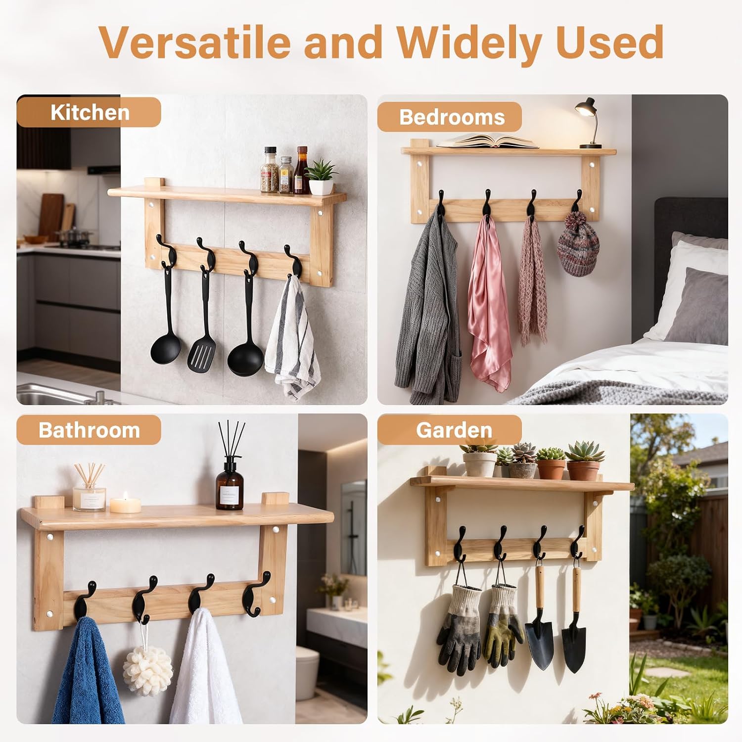L&lonpa 1 Pcs 17" Wall Mounted Coat Hook with Shelf, Wooden Hook Rack with 4 Hooks, for Keys, Hats, Coats, Bags, in The Entryway, Bedroom, Bathroom