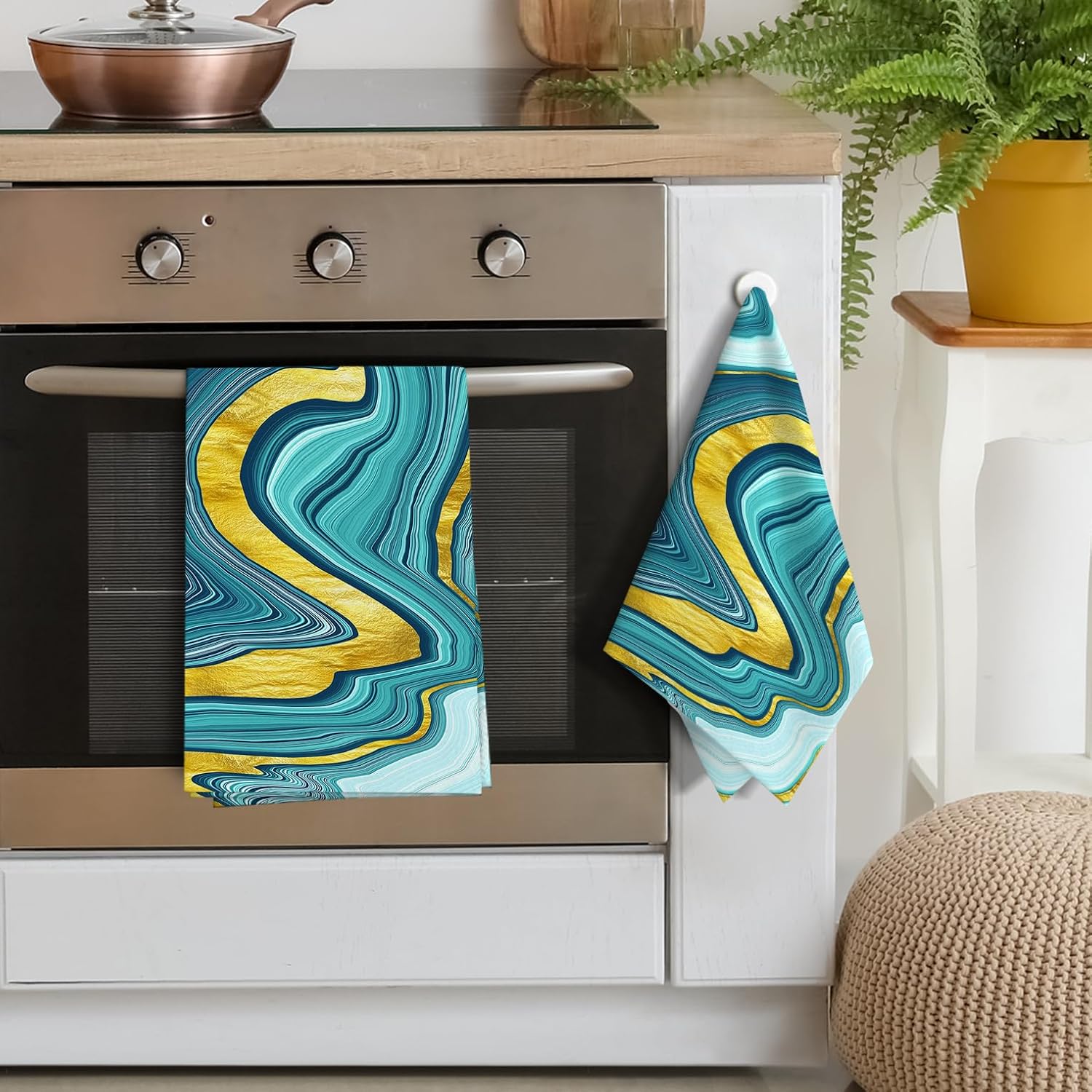Green Teal Gold Kitchen Towel Decorative Set of 2 Soft Absorbent Abstract Marble Texture Hand Tea Towels for Kitchen Bathroom Home Green Gold Decor 16"x24" image 4