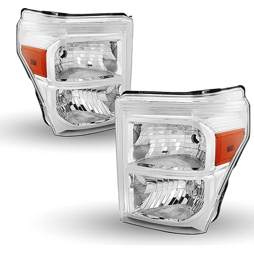 Headlight Assembly Set for 2011-2016 Ford F-250 F-350 F-450 F-550 Super Duty (Chrome Housing with Amber Reflector)