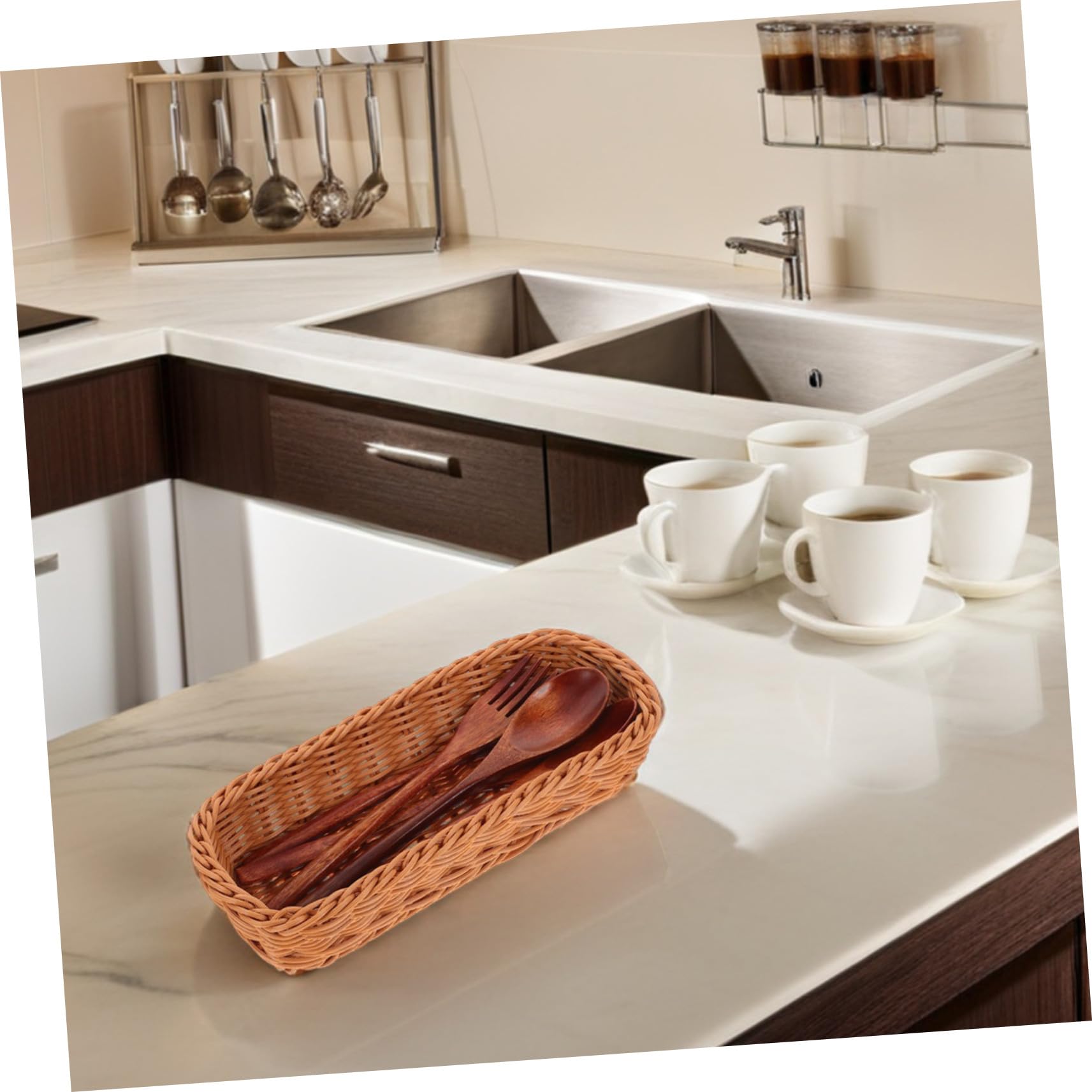 ULTECHNOVO Cesta de Almacenamiento Tejida para Cubiertos y Palillos Recipiente Plástico Resistente para Utensilios de Cocina Organizador Compacto para Mesa y Encimera