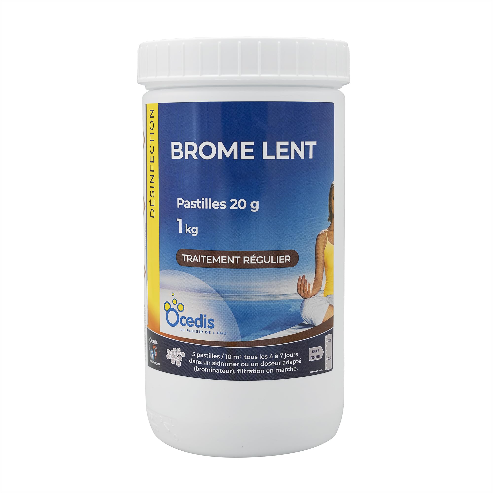OCEDIS Brome Lent Pastilles 20g - 1kg | Désinfection Régulière - Dissolution Lente + 10 Tests HPS OFFERTS 6 en 1