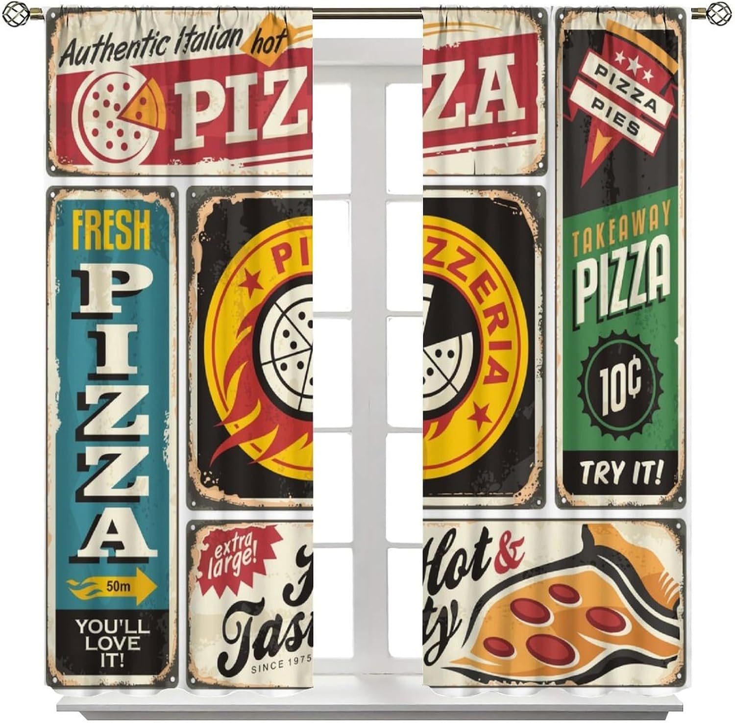 Pizza Retro Logo Curtains Kitchen Fast Food Restaurant Posters Curtain with Rod Pocket for Bedroom Living Room Home Decor Drapes Window Treatments 2 Panels Set 42" W X 45" L