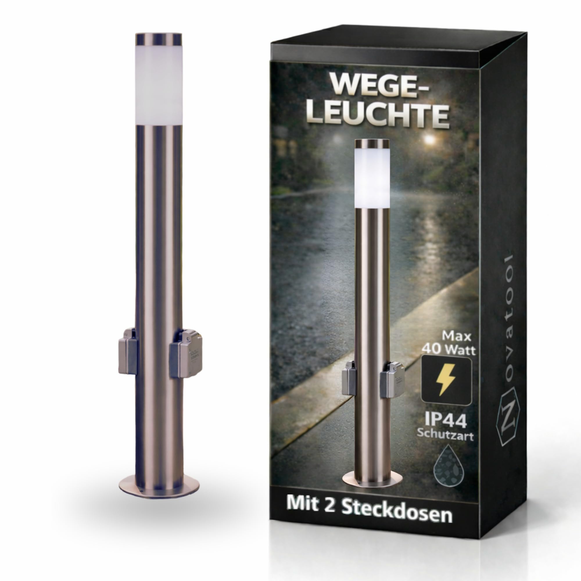 Novatool Gartenlampe I 80 cm I mit 2 Steckdosen I Edelstahl I IP44 I E27 Sockel I Gartenleuchte Stehlampe Säulenlampe außen Aussenleuchten Steckdosenverteiler Steckdosenturm Gartensteckdose…