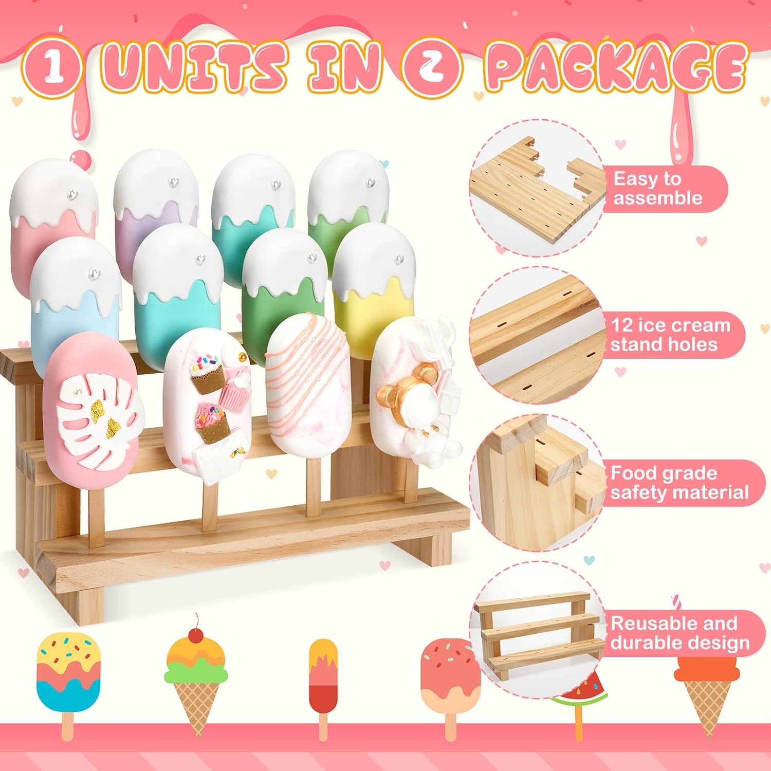 Bokon 2 Pcs Cakesicle Stand Wood Lollipop Holder Display 3 Tier Candy Sticks Holder 12 Holes Wooden Rectangle Cakesicle Shelf for Wedding Birthday Party Baby Shower 4 mm Lollipop Stick (Wood Color)