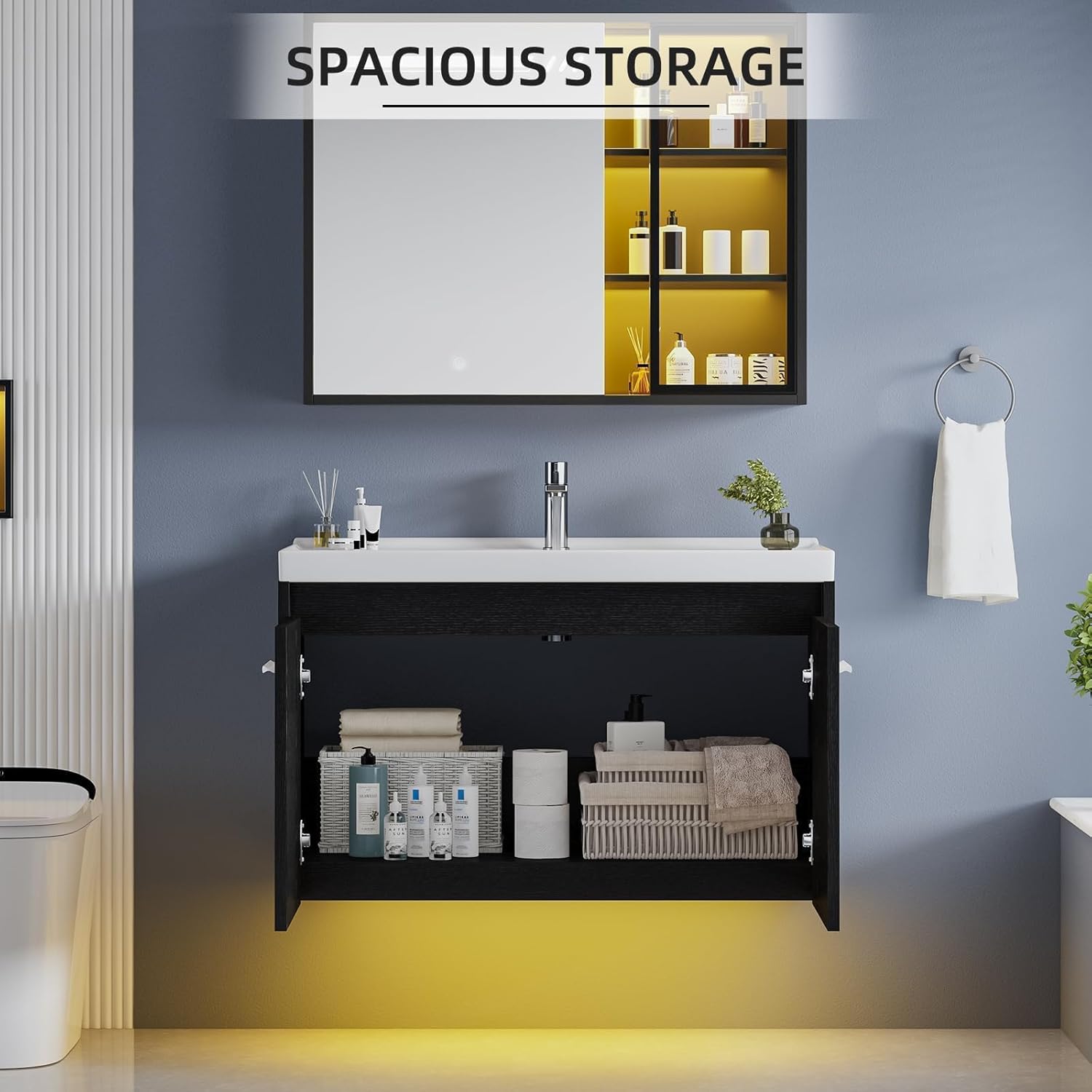 4ever2buy 31" Floating Bathroom Vanity with Sink, Modern Black Bathroom Vanity with LED Light, Wall Mounted Sink Cabinet with 2 Doors, Black