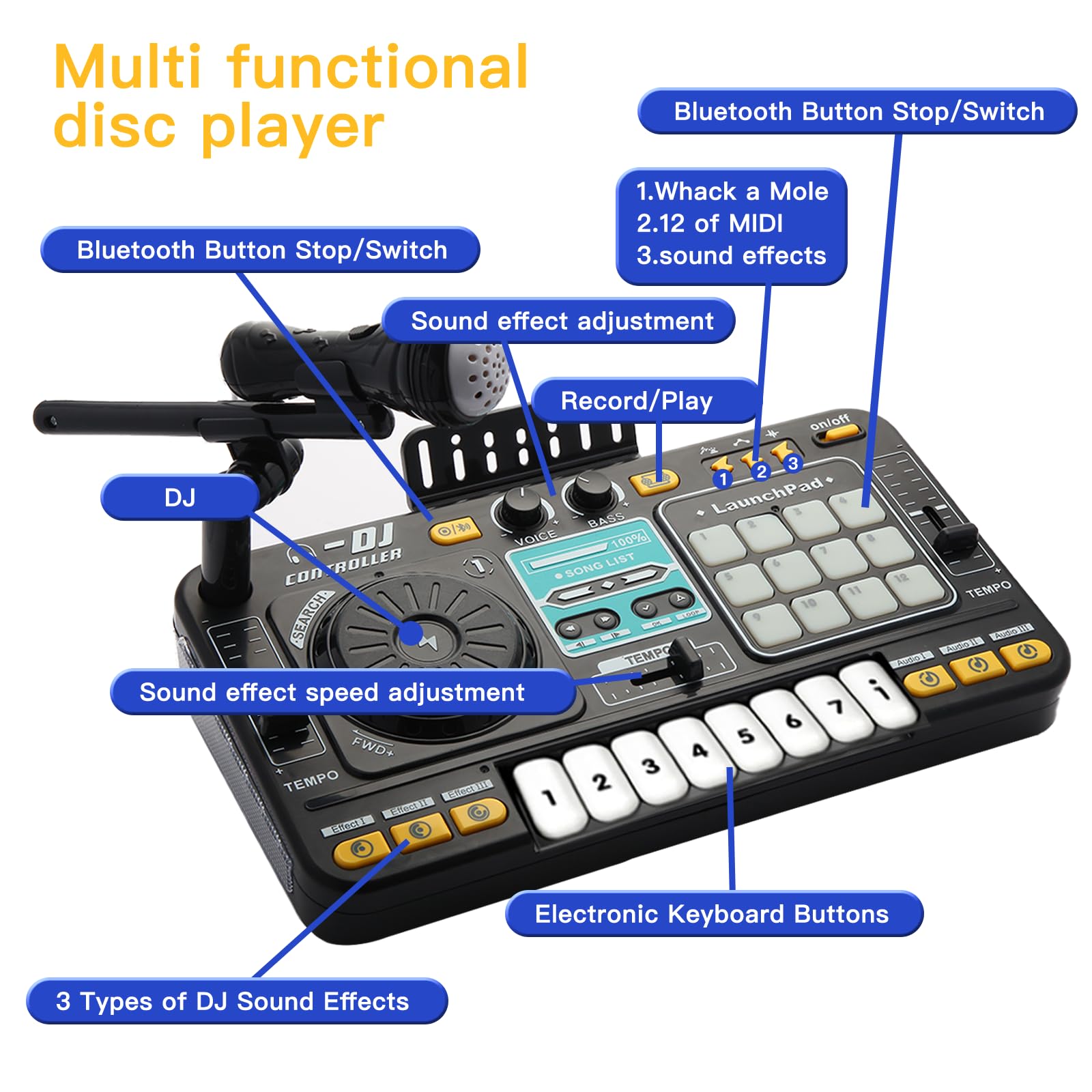 Il mixer DJ per bambini e il lettore di dischi possono essere collegati al microfono Bluetooth