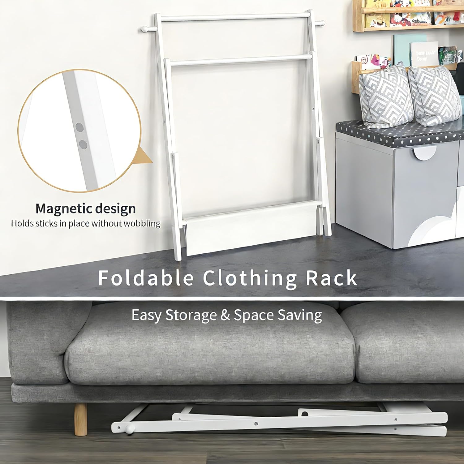 kids clothing rack, small clothes rack for toddler pets, kids dress up rack with storage shelf & double rods, foldable kids clothes rack for nursery child's room (regular size - white)