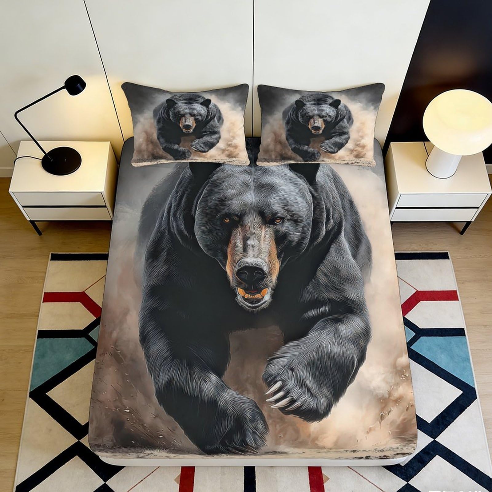 3D Printed Bear Forest Fitted Sheet Microfiber Soft Breathable Wild Animal Bed Cover for Bedroom Teen Dorm Decor 90x200x25cm