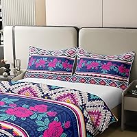 Vista 4 de Juego de ropa de cama 100% algodón con rosas, funda de edredón estilo bohemio de tamaño full, estampado floral púrpura étnico, funda de edredón