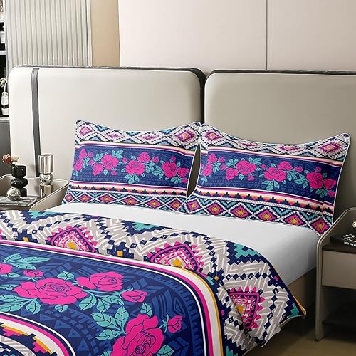 Miniatura 4 de Juego de ropa de cama 100% algodón con rosas, funda de edredón estilo bohemio de tamaño full, estampado floral púrpura étnico, funda de edredón