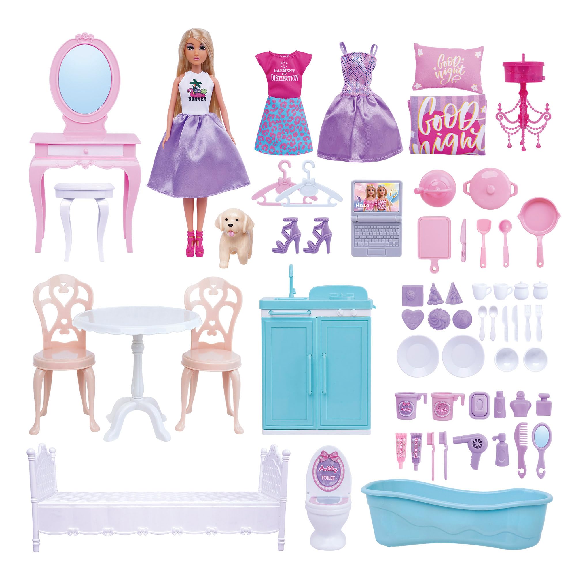 ColorBaby Isabella 39416 Domek dla lalek, 1 piętro, 74 x 37 cm, lalka przegubowa 30 cm, ponad 60 akcesoriów, składana konstrukcja z uchwytem, przenośny dom, zabawki dla dziewczynek w wieku 3 lat
