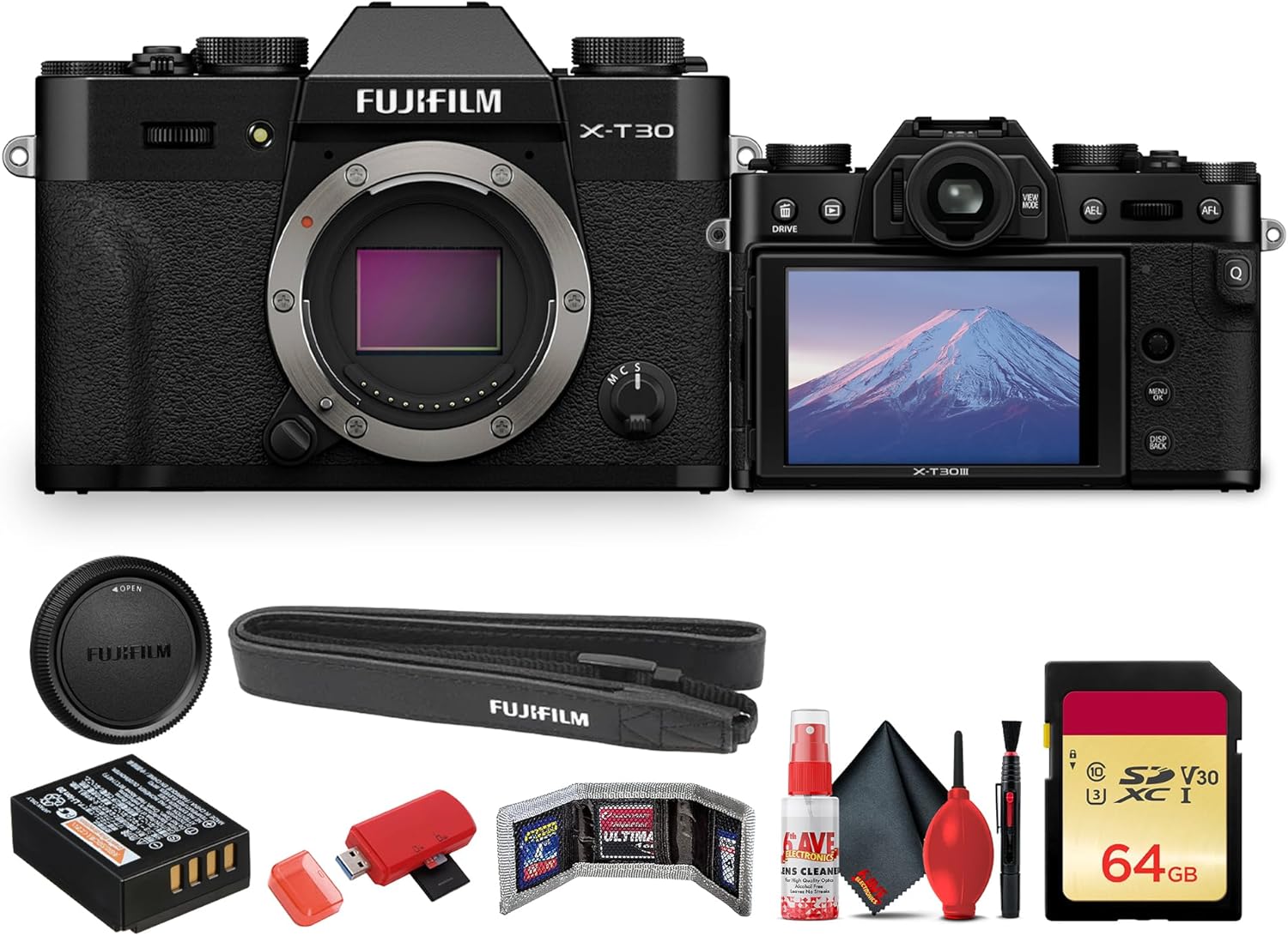 FUJIFILM X-T30 III Mirrorless Camera Body (Black) (16957841) Bundle with + 64GB Memory Card + Memory Card Wallet + Cleaning Kit