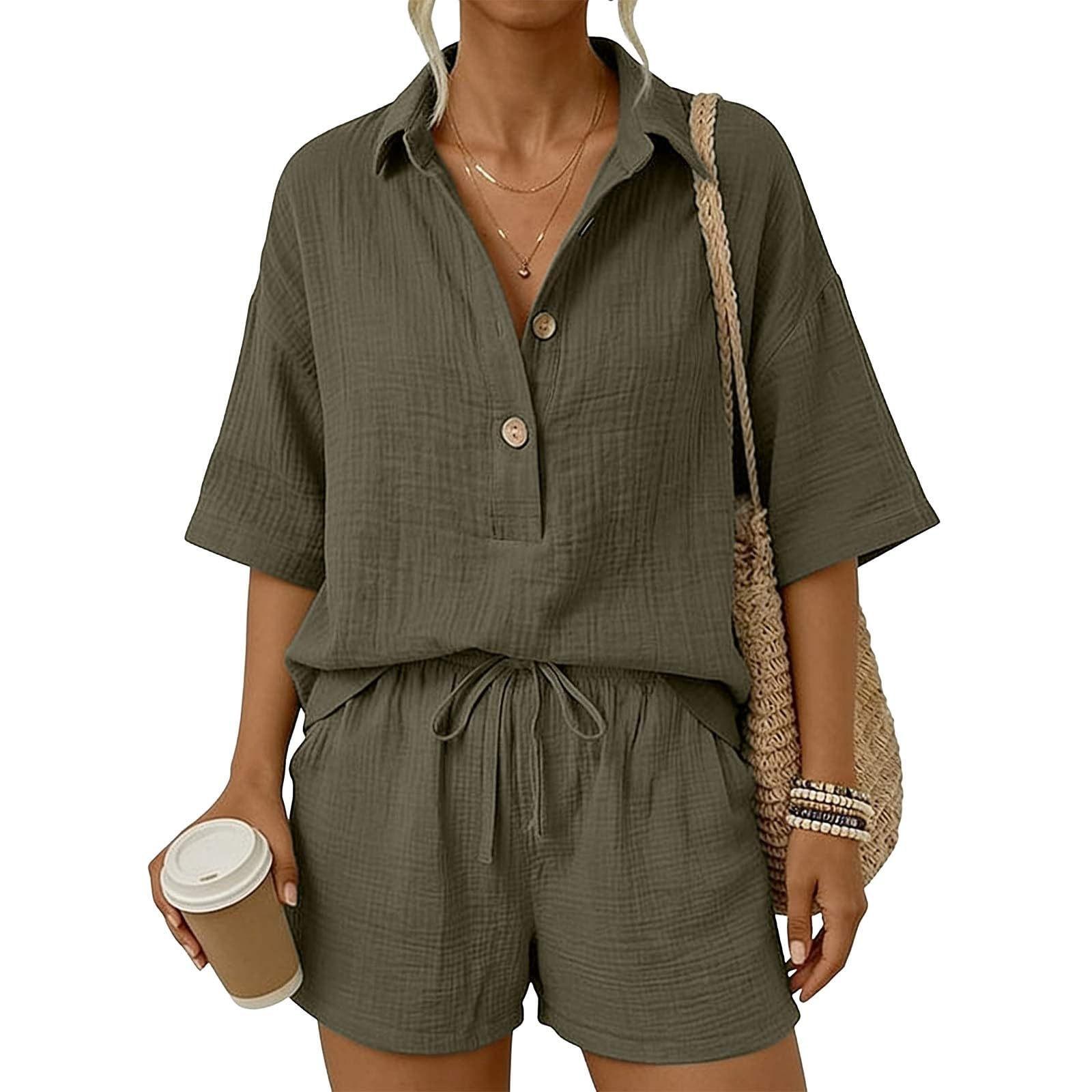 Genérico Conjuntos Mujer Verano Casual Dos Piezas Pantalon Cortos y Blusa Elegante Conjunto Lino Chándal Camisa Manga Corta Conjunto de Verano Ropa de Playa Chandal con Bolsillos