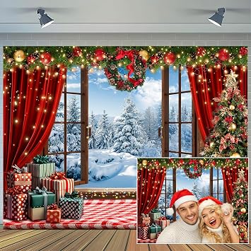10x8ft Christmas Photography Backdrop Winter Christmas Wooden Window Decoration Kids Photography Backdrop Farmhouse Snow Pine Tree Party Decor Photo Backdrops Cabin Xmas Photo Booth Props Background