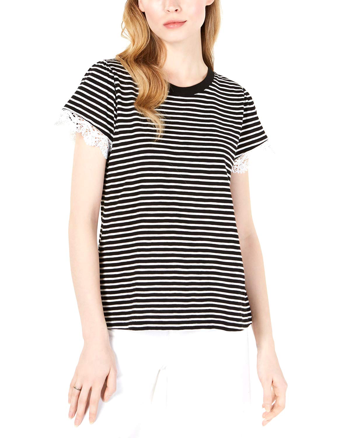 Maison JulesStriped Lace-Trim Top Black Size Medium