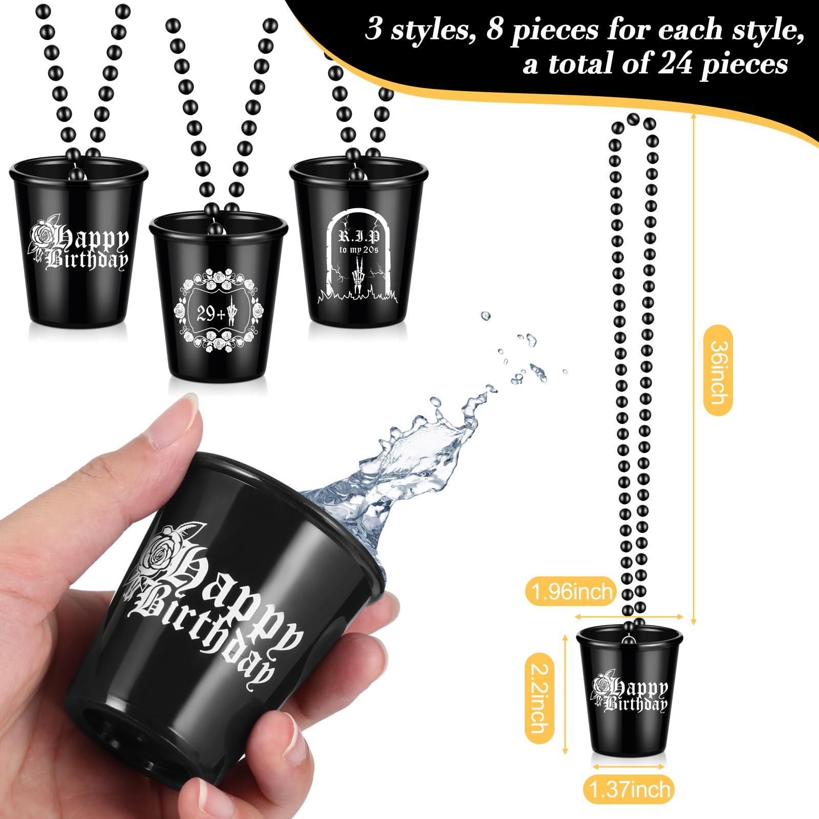 Condition photo showing New/Like New for 24 pcs rip twenties shot glass necklace on beaded dirty plastic shot necklace cup rip to my birthday decorations black plastic tumbler cups funny birthday gag gifts for him her (rip 20s)