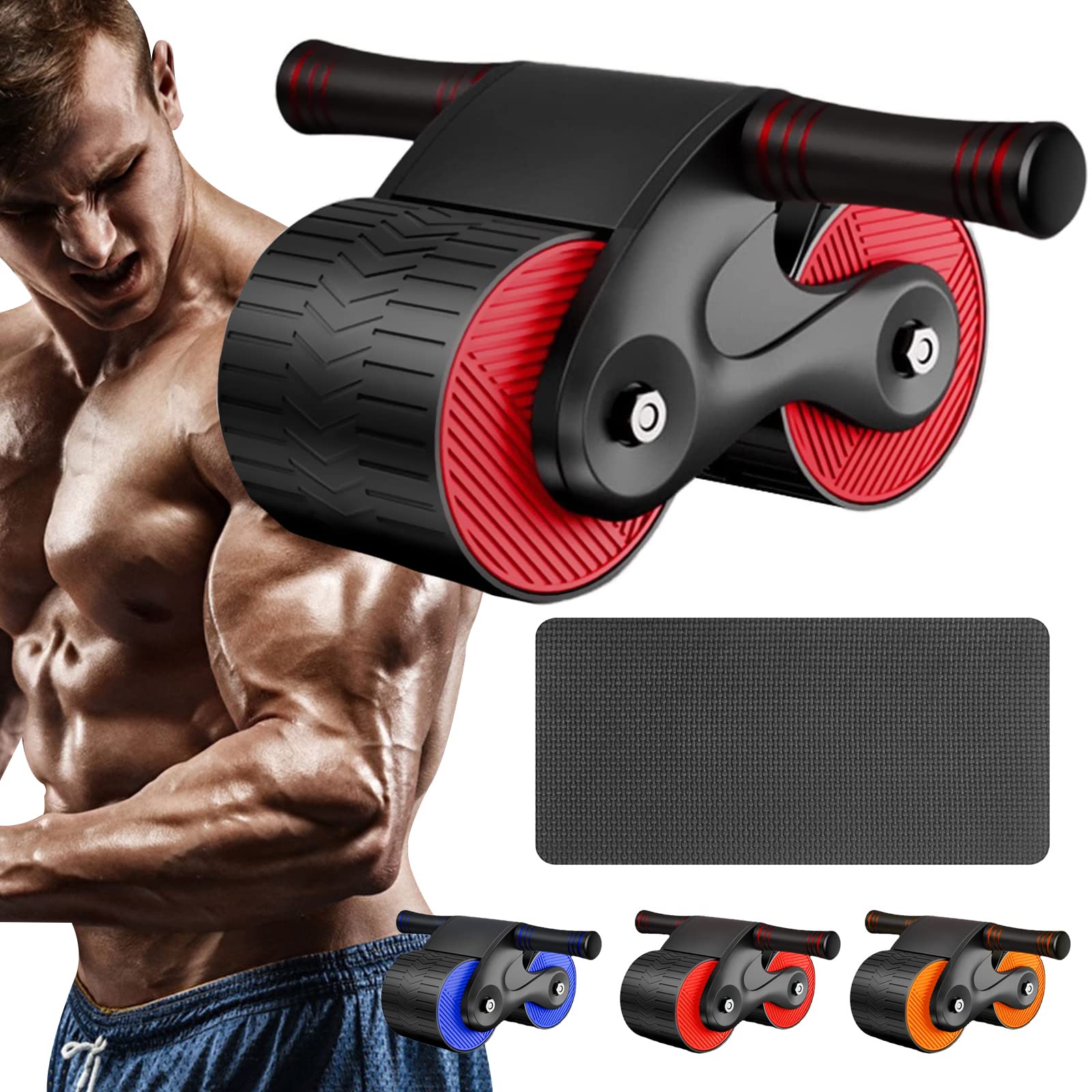 Rueda Abdominal de Rebote Automático, Ruedas Rodillo Abdominal Ejercitador Con Alfombra, Rodillo Para Entrenamiento Abdominal Con Ruedas Dobles Estables Y Rebote Automático (Rojo)