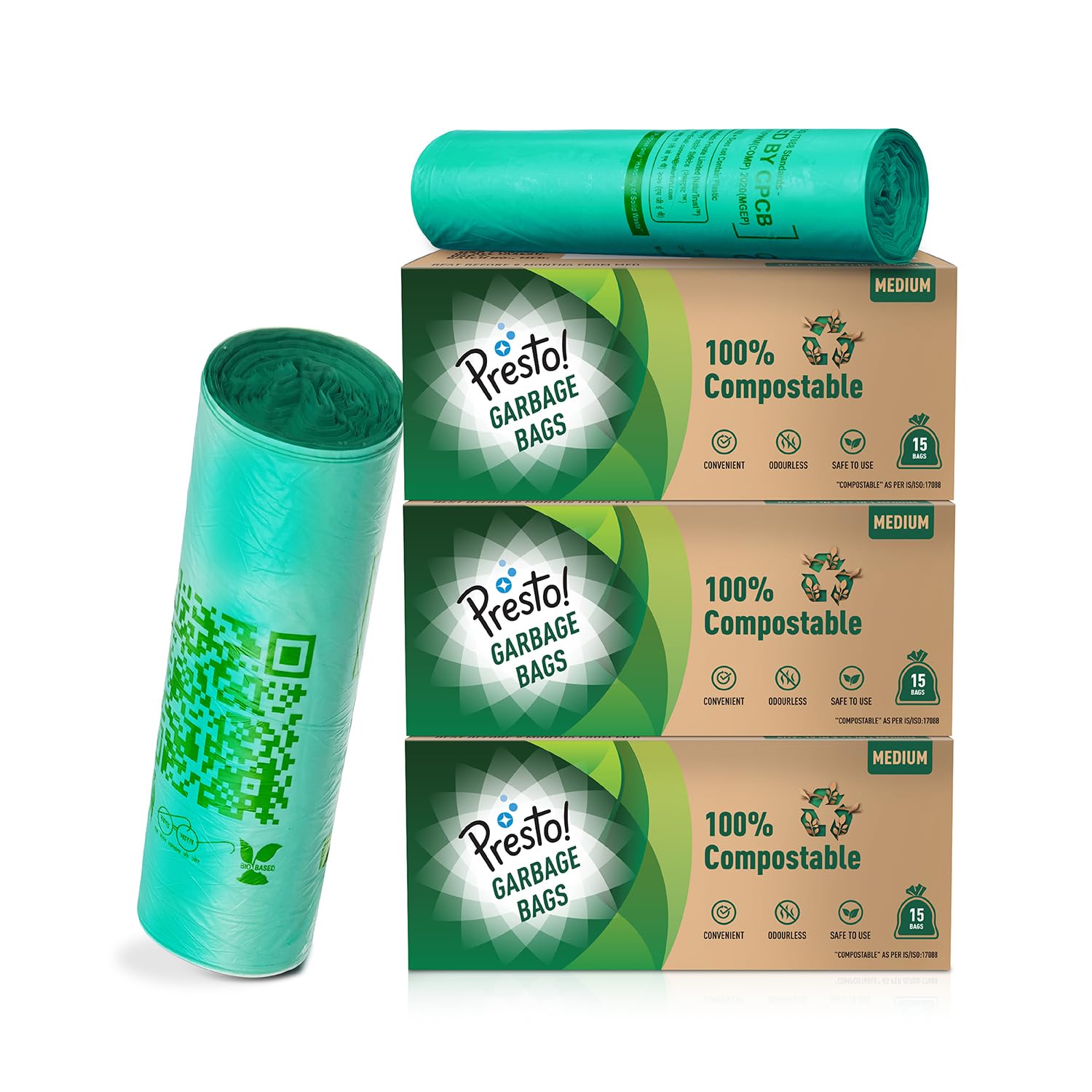 Amazon Brand - Presto! 100% Compostable Garbage Bags | Medium (M) | 45 Counts | 15 Bags X 3 Packs | 19 x 21 Inches | Strong and Durable | For Dry and Wet Waste