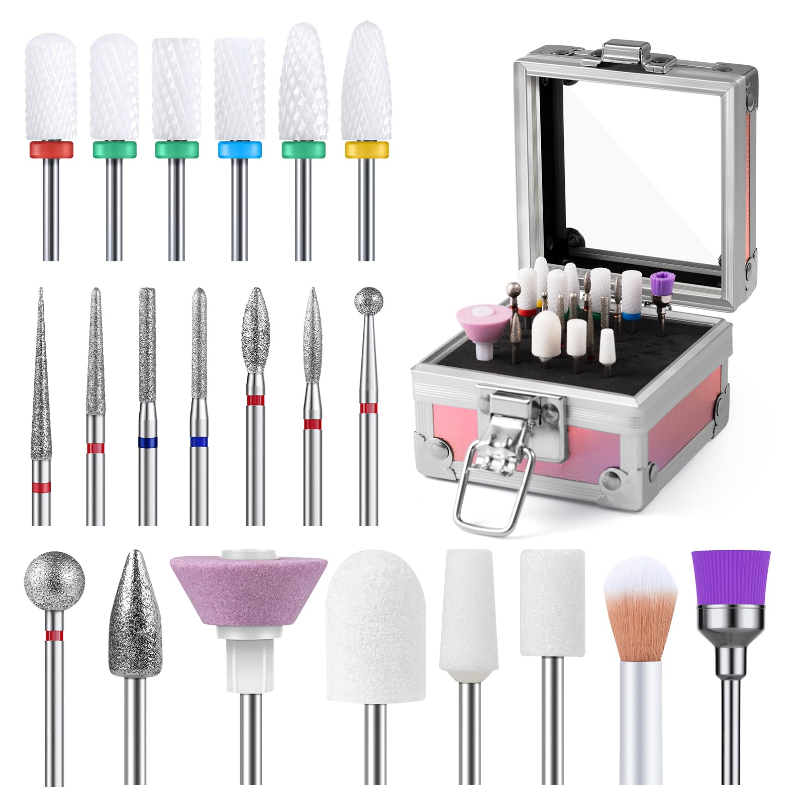 Juego de 21 brocas de uñas con estuche de soporte portátil, kit de herramientas de arte de uñas de gel acrílico de carburo de diamante de cerámica de 3/32 pulgadas, broca removedor de