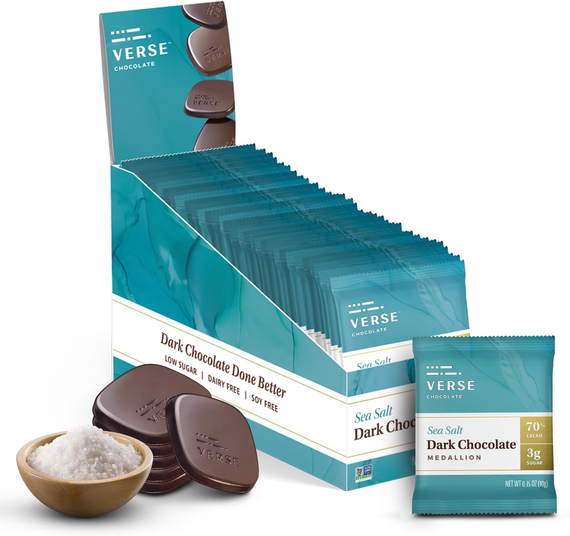 Verse Dark Chocolate Sea Salt Squares - Only 3g Cane Sugar - Creamy 70% Cocoa Dark Chocolate - Individually Wrapped Cacao Bar Squares (30 Count)