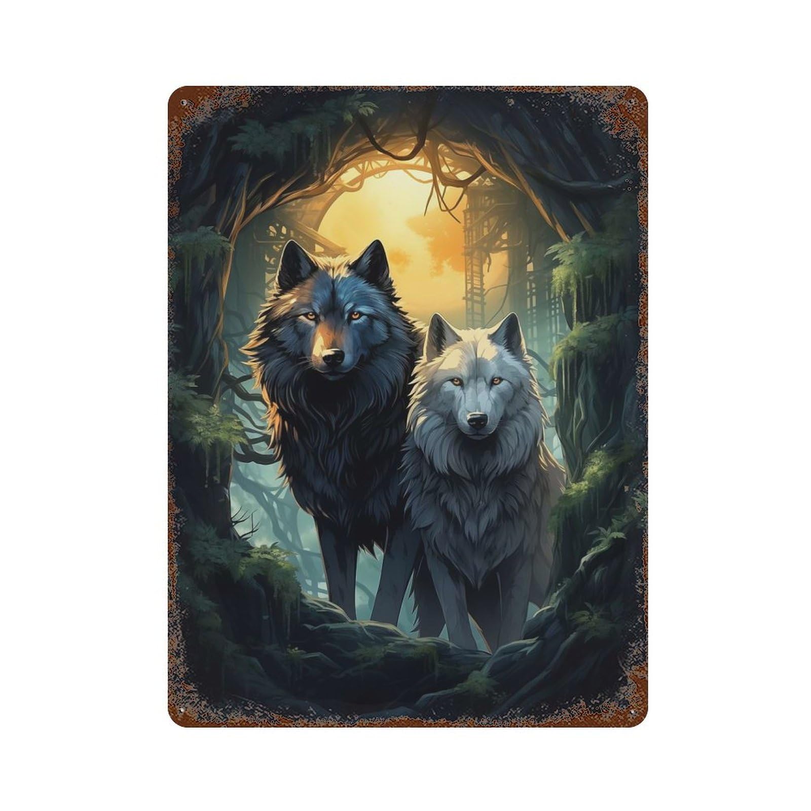 Retro Metal Sign with Wolves in The Forest Design 15.7"x11.8", for Pub, Kitchen And Man Cave Decor, Rustic Home Decor
