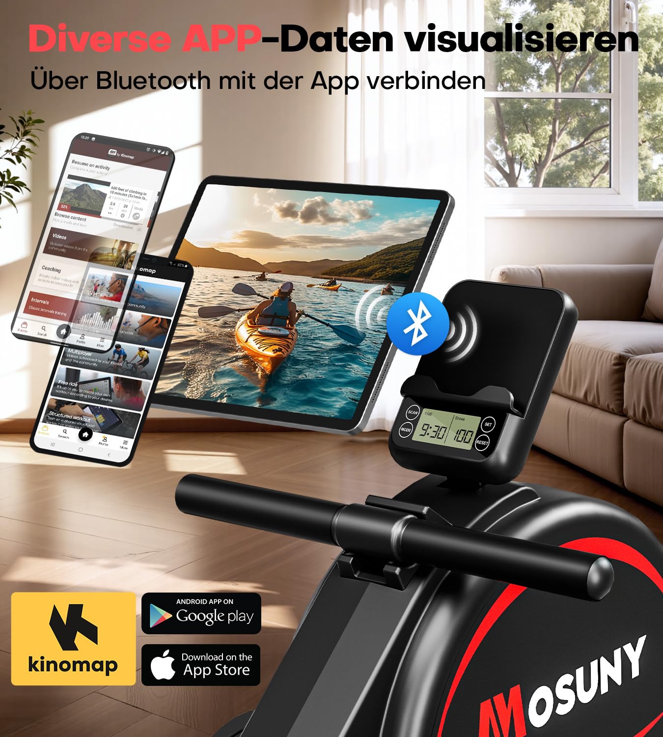Rudergerät für Zuhause, Magnetisches Rudergerät mit 16 Widerstandsstufen, Upgrade Doppel-Slide-Rails Ultraleise, App-Kompatibel LCD-Datenanzeige, Belastbar bis 160kg, Die Wahl für Fitness