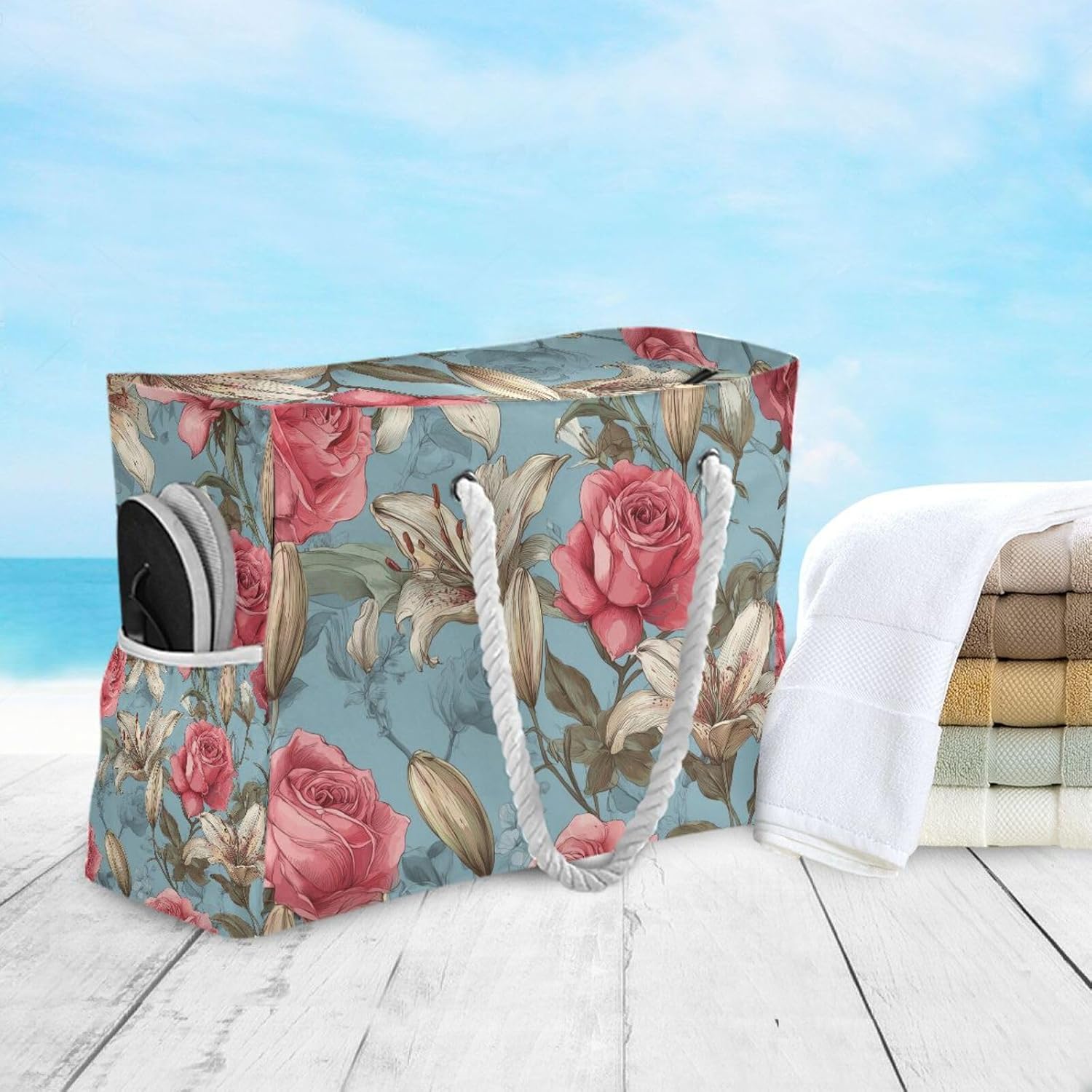 OTVEE Vintage Red Roses and Lilies Beach Bags for Women Ladies Large Canvas Tote Shoulder Bag Waterproof Travel Bags for Gym Swim Pool Camping
