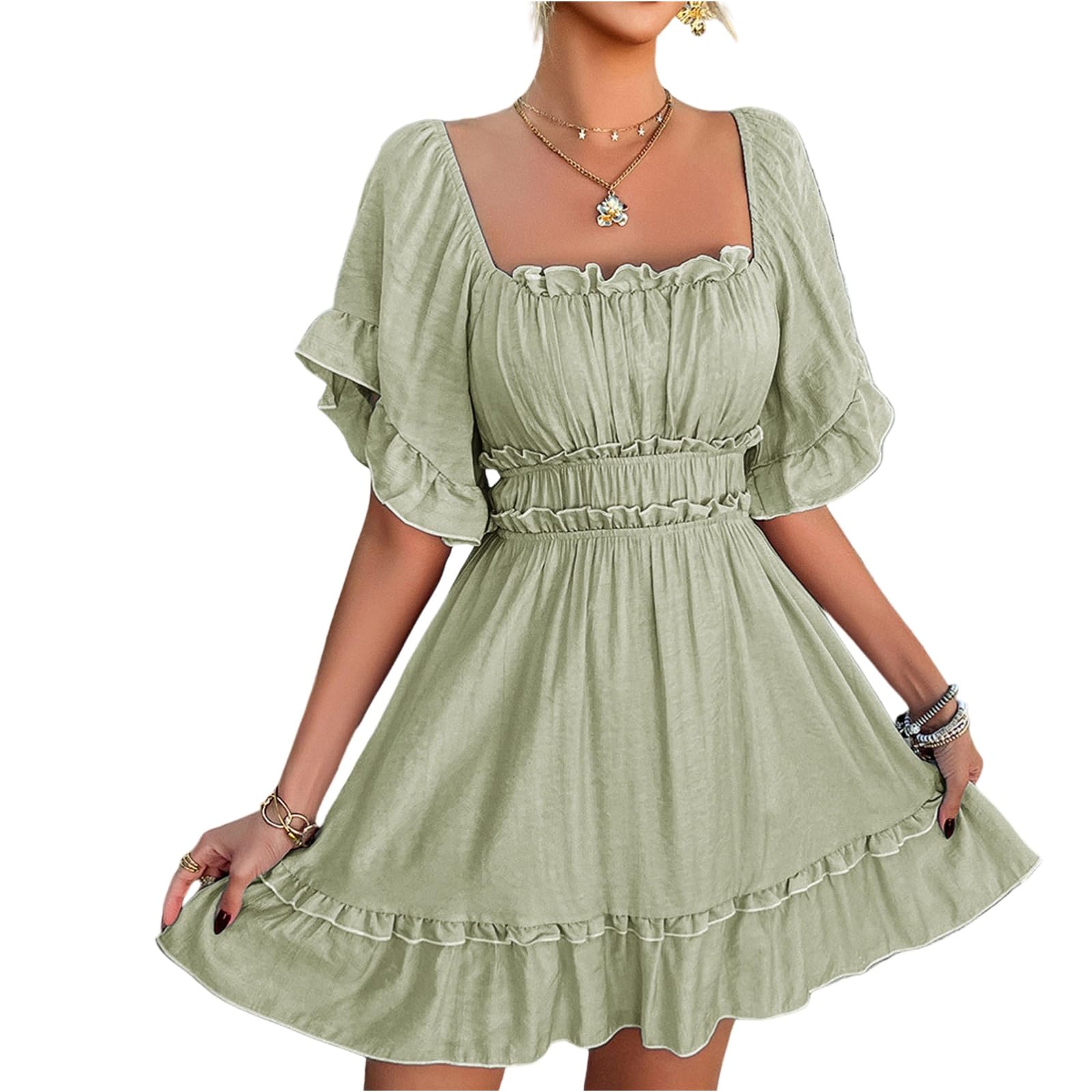 Sommerkleid Damen Kurz A Linie Rüschen Kleider Damen Sommer Elegant Tailliert Empire Sommerkleider Leicht Und Luftig Gesmoktes Kleid mit Ärmeln Volant Schwingen Minikleid Quadratischer Kragen