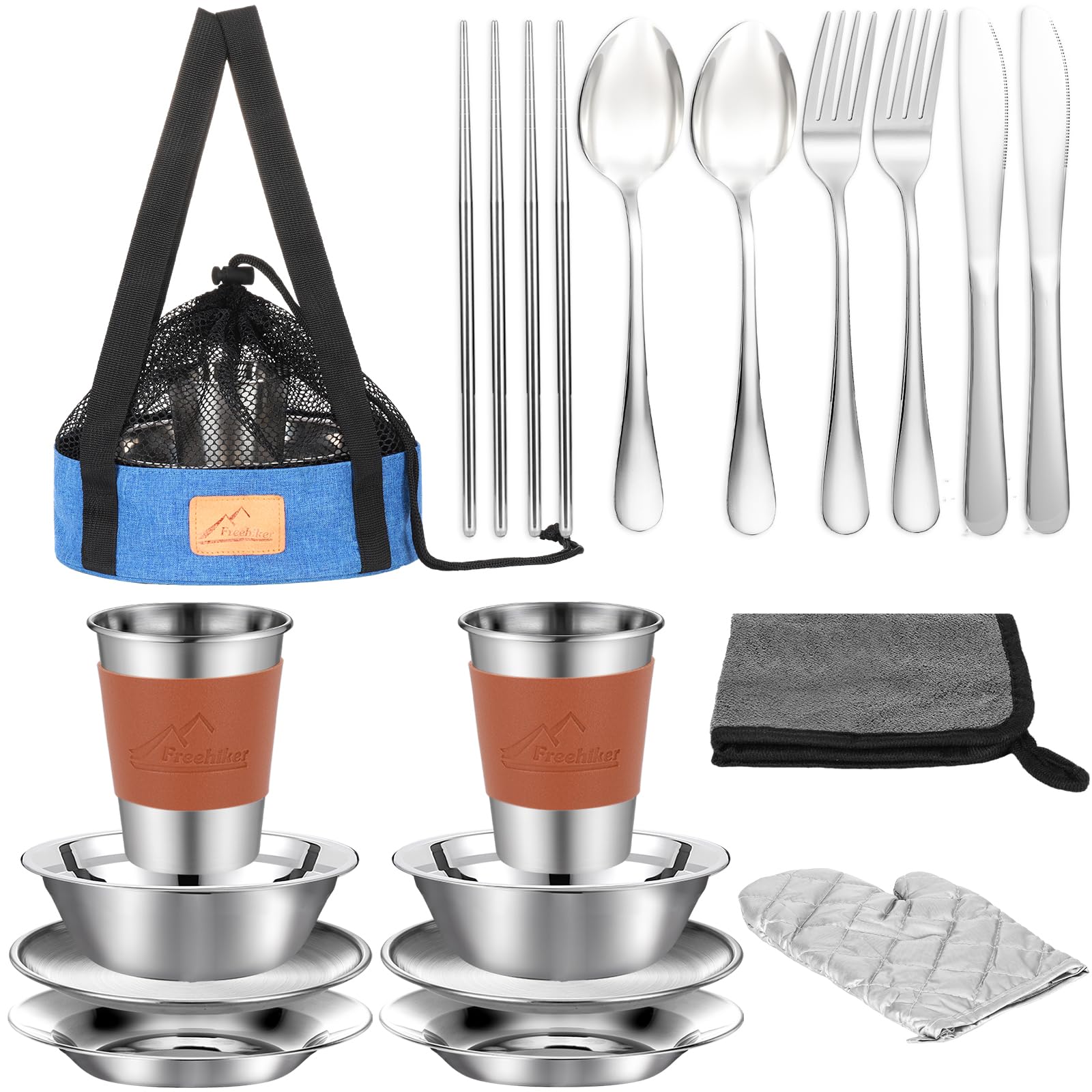 Camping Mess Kit - 1 to 2 persons Camping Dishes includes Cups, Bowls, Knives, Forks, Spoons, Camping Dinnerware Set Camping Cooking Utensils