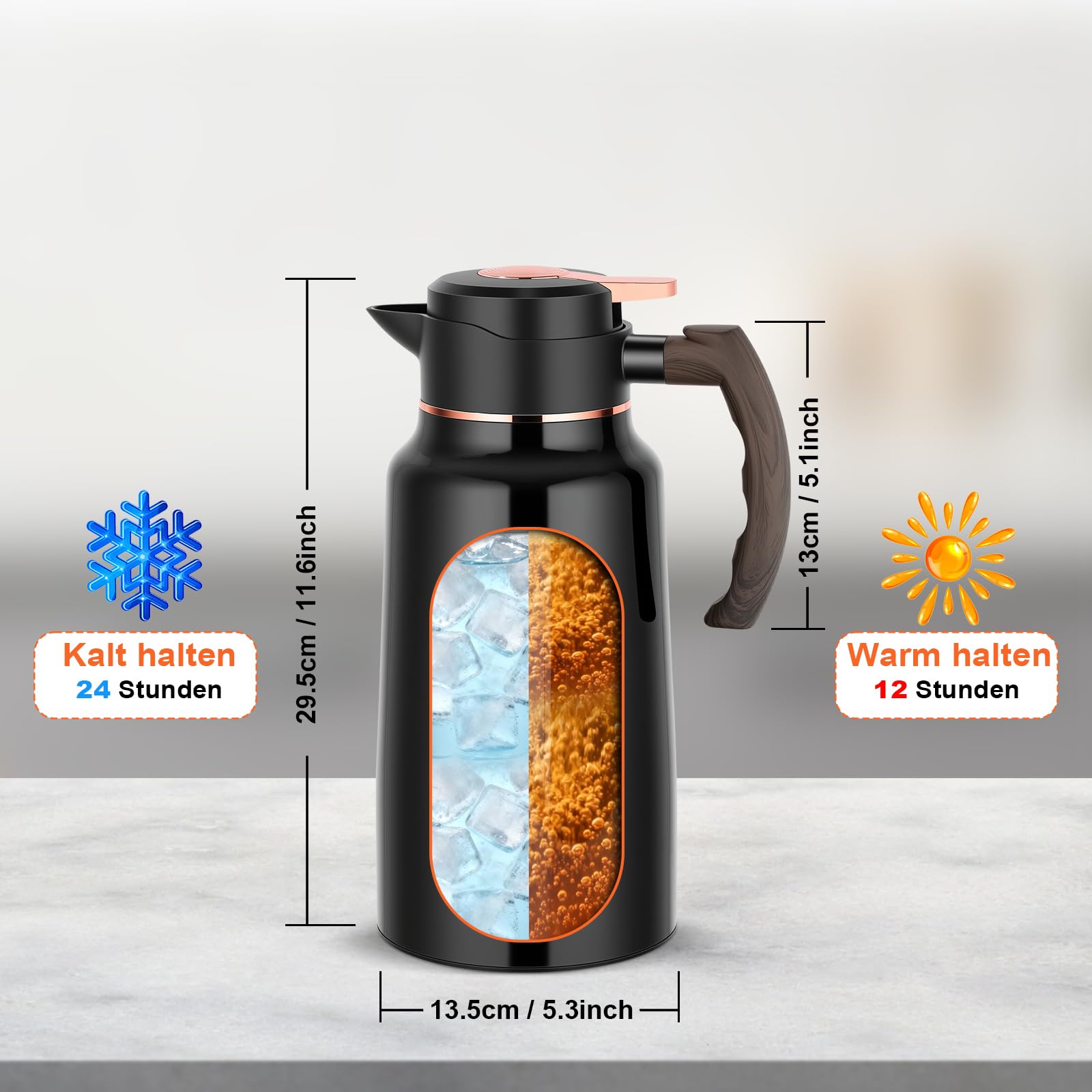 2-Liter-Isolierkanne aus Edelstahl, Thermoskaraffe mit Ein-Knopf-Deckel für langanhaltende Wärme- und Kälteisolierung, ideal für Kaffee, Tee, Milch (Schwarz)