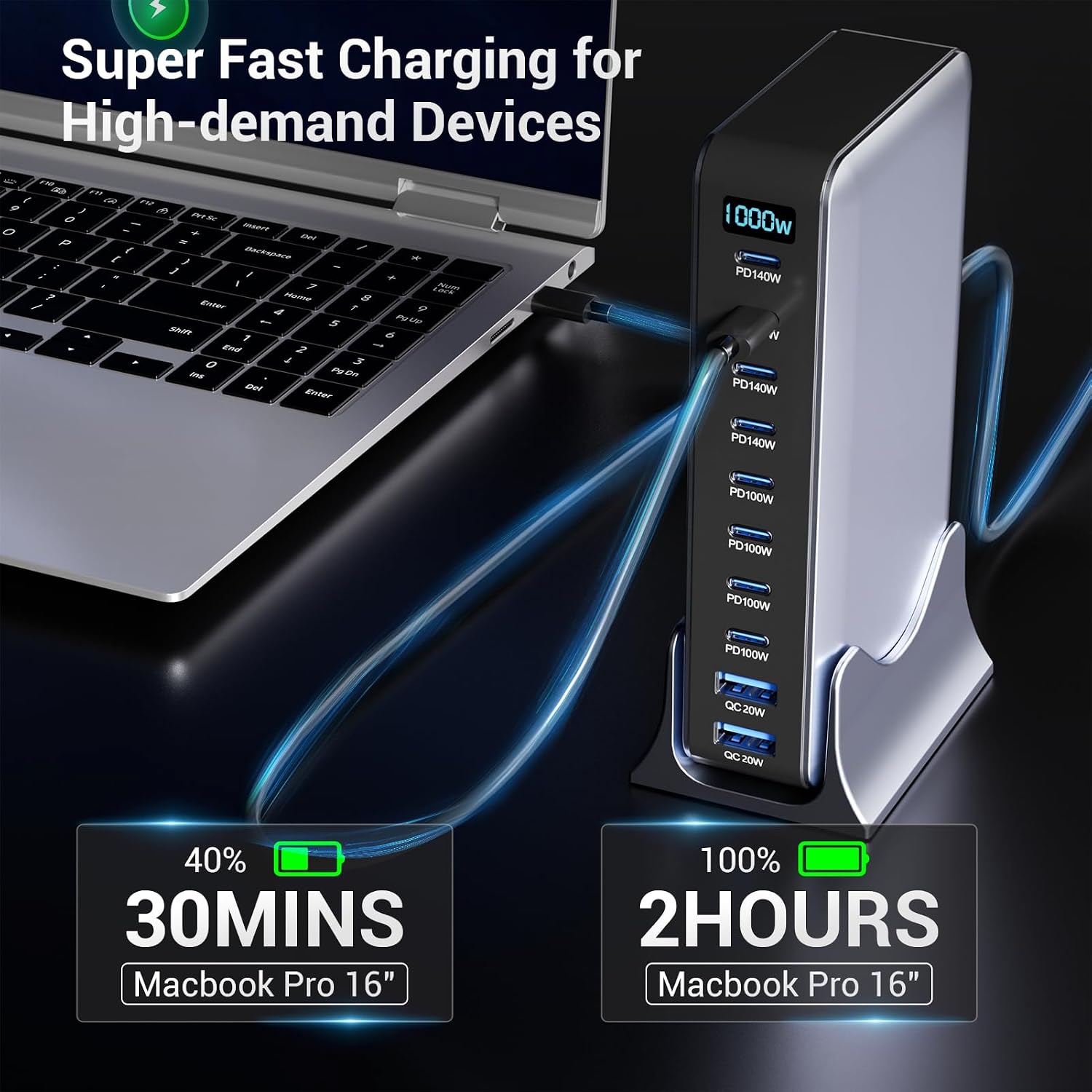 1000W USB C Charging Station, 10 Port GaN Desktop Charger, Multi Device Fast Charging Station with PD USB C Ports, High Power Charging Hub for Laptop, Tablet, iPhone, Office & Home