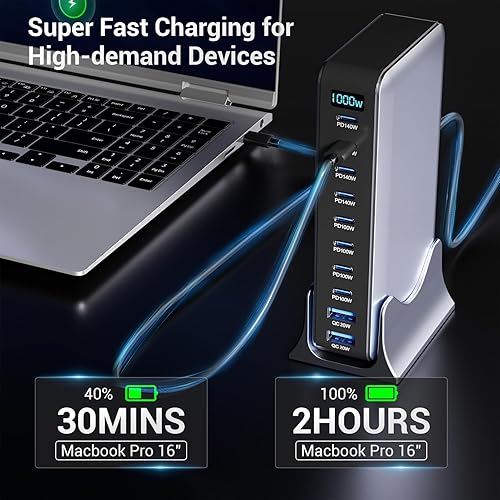 Miniatura 4 de Estación de carga USB C de 1000 W para múltiples dispositivos, adaptador de carga USB de 10 puertos PD 140 W GaN Cargador USB rápido para MacBook,