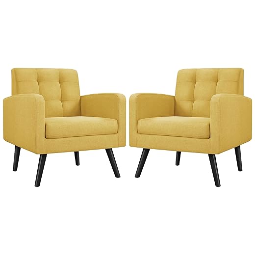 Yaheetech Mid-Century Accent Chairs, Modern Upholstered Living Room Chair, Cozy Armchair Button Tufted Back and Wood Legs for Bedroom/Office/Cafe, Set of 2, Yellow